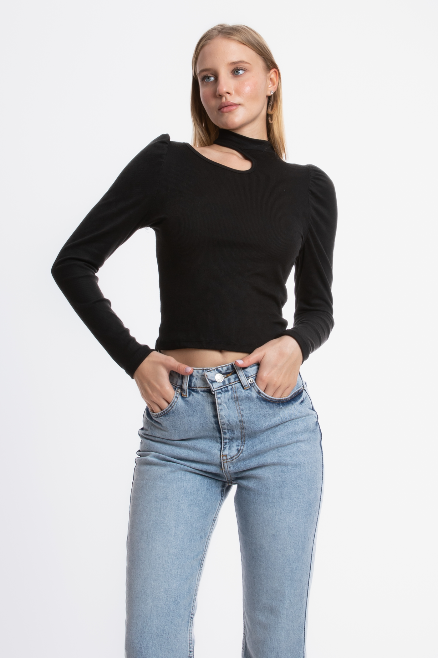 High Neck Ribbed Cut Out Long Sleeve Top