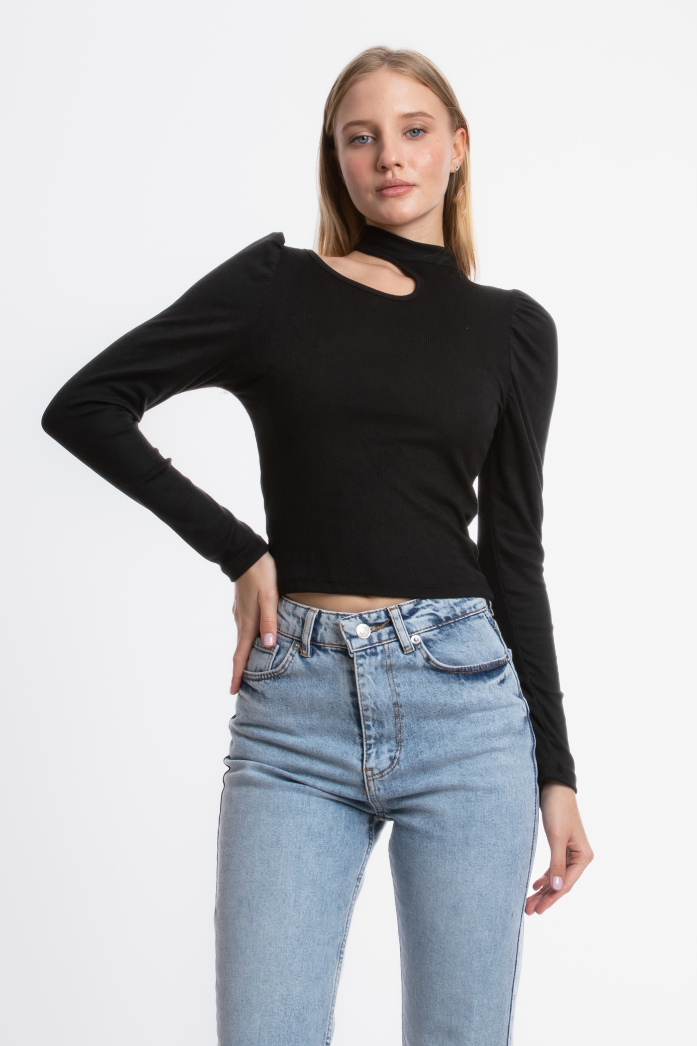 High Neck Ribbed Cut Out Long Sleeve Top