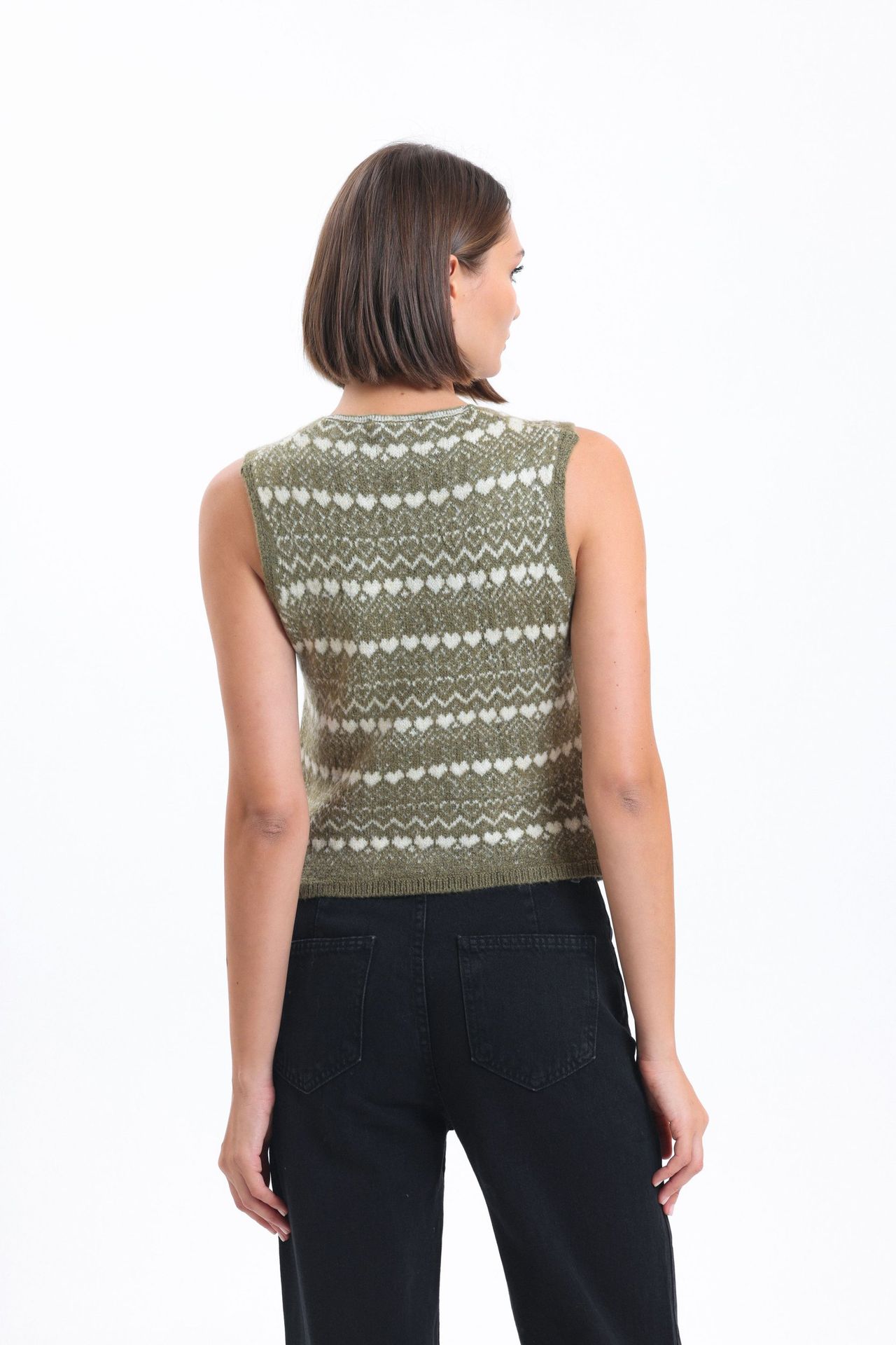 Patterned V Neck Knitted Buttoned Waistcoat
