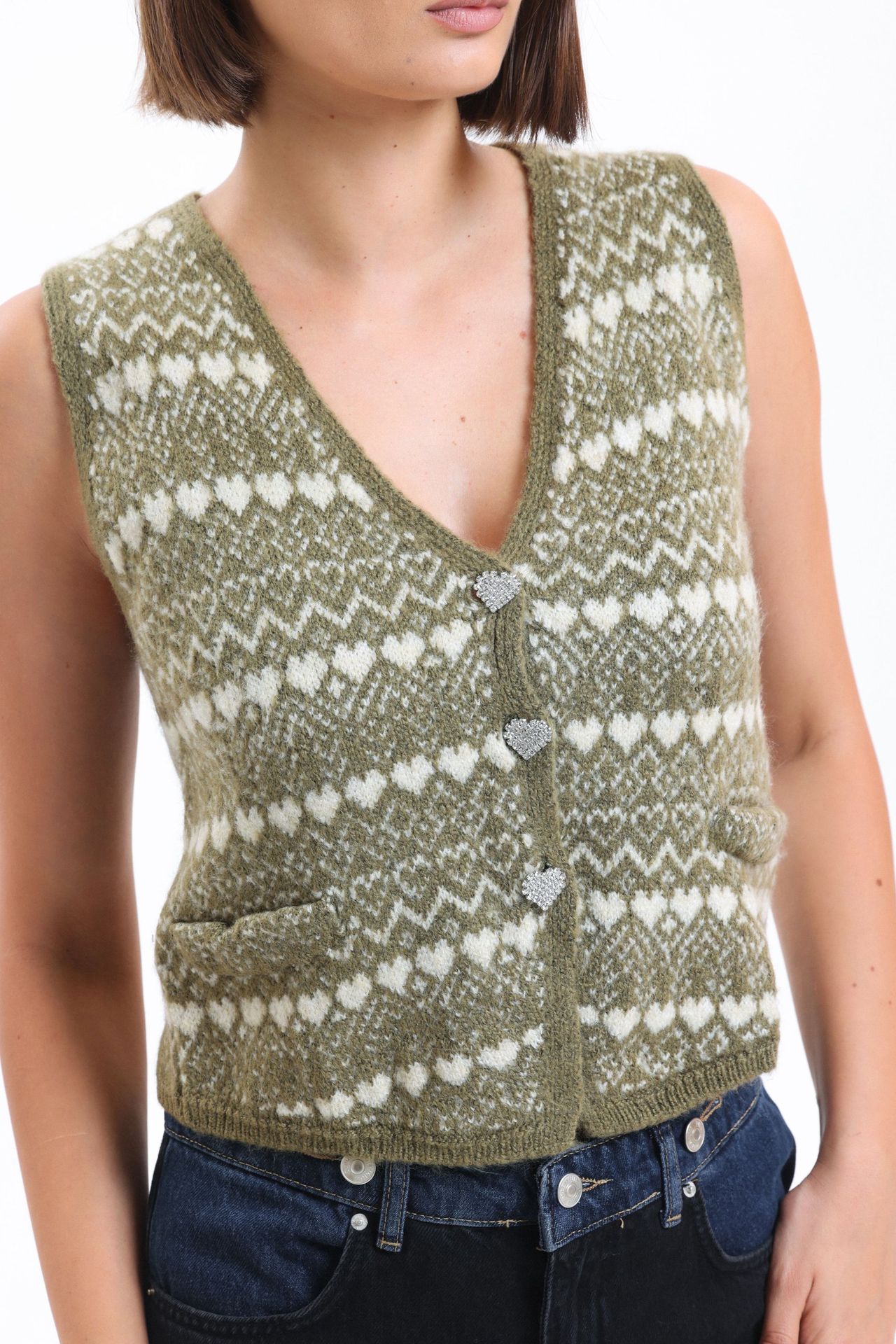 Patterned V Neck Knitted Buttoned Waistcoat
