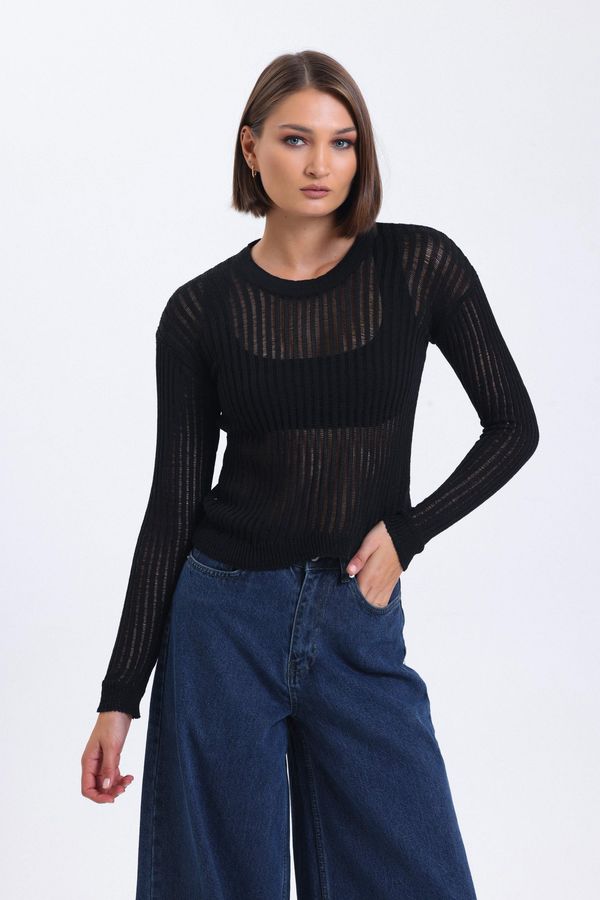 Striped Round Neck Mesh Ribbed Blouse 1