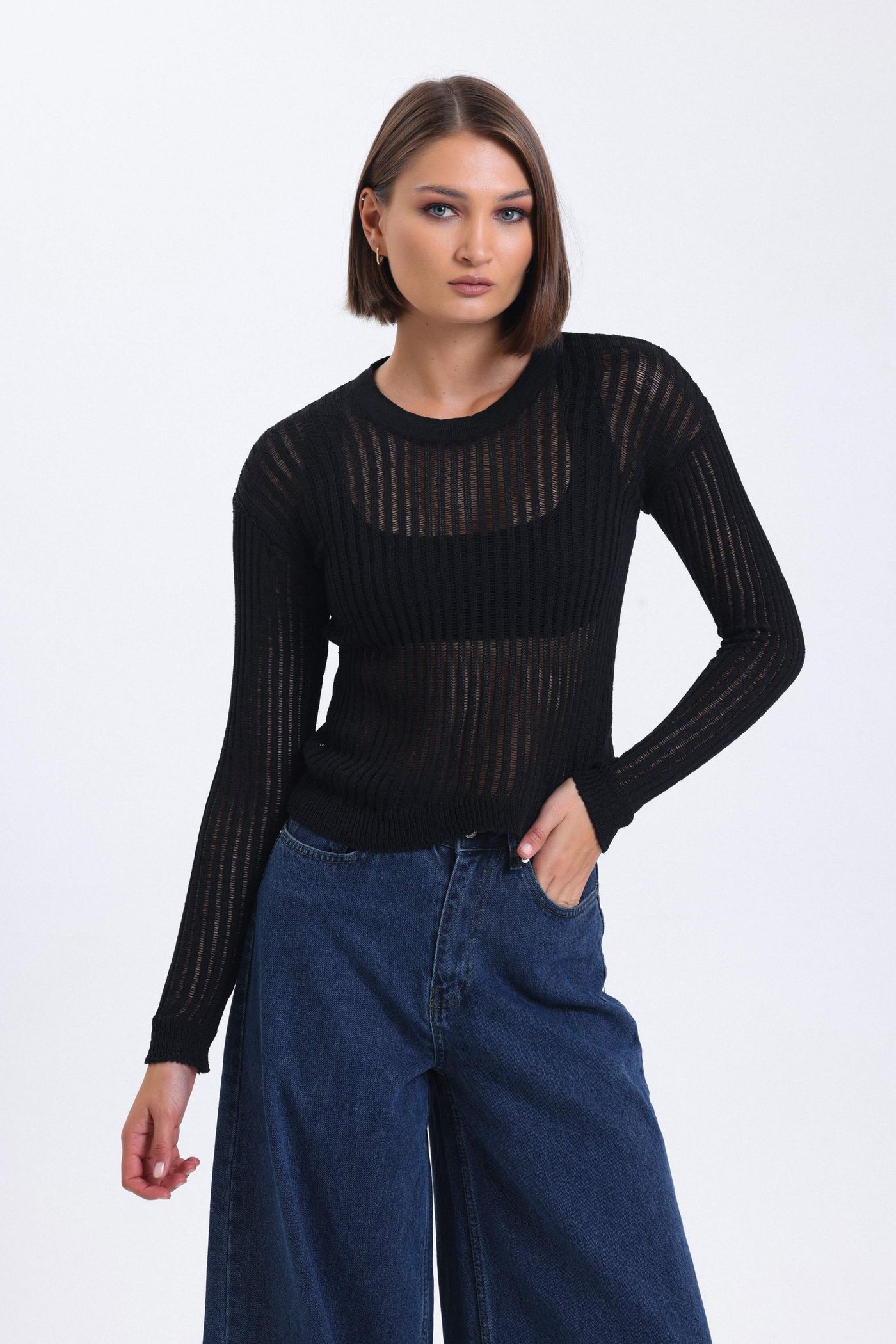 Striped Round Neck Mesh Ribbed Blouse