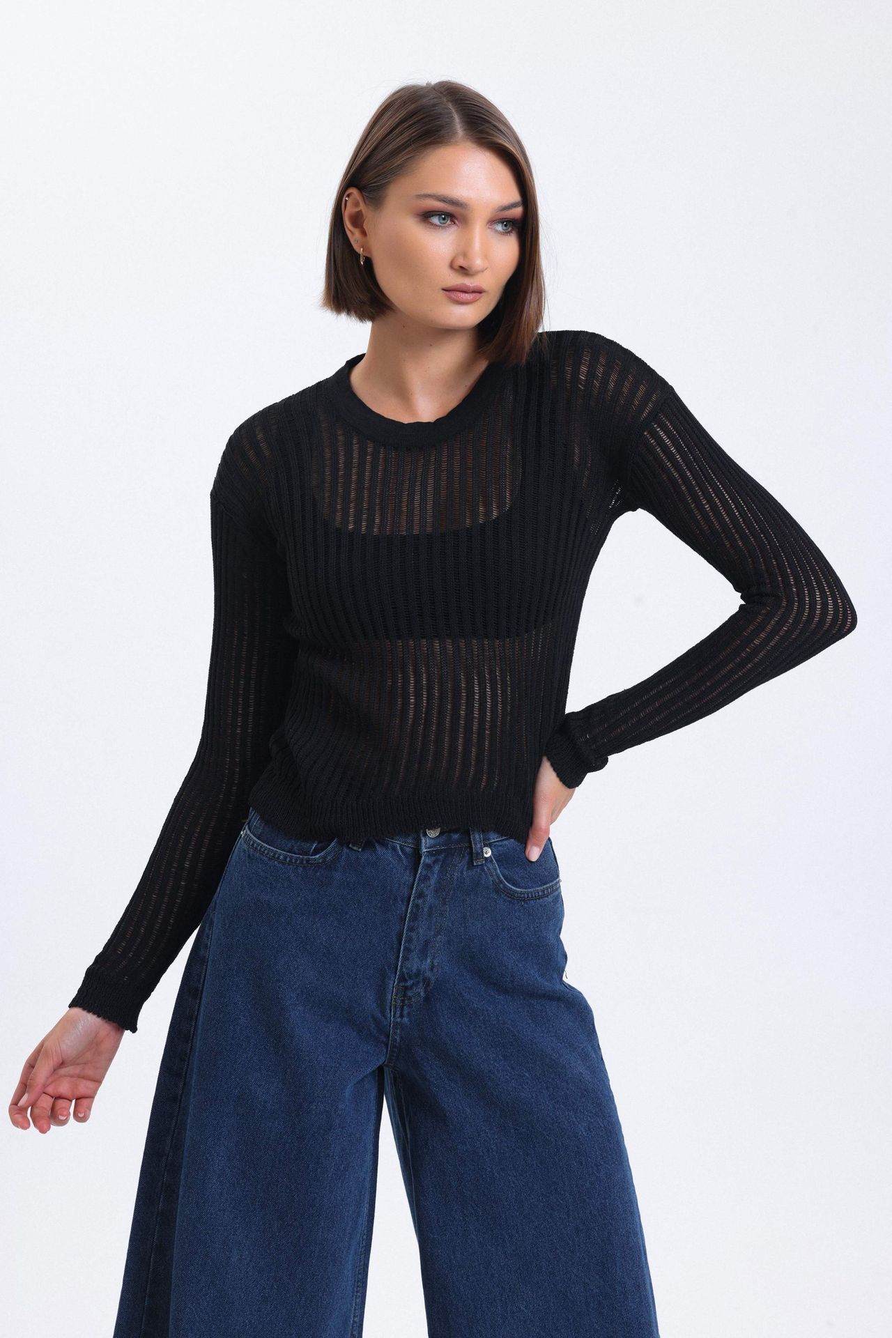 Striped Round Neck Mesh Ribbed Blouse