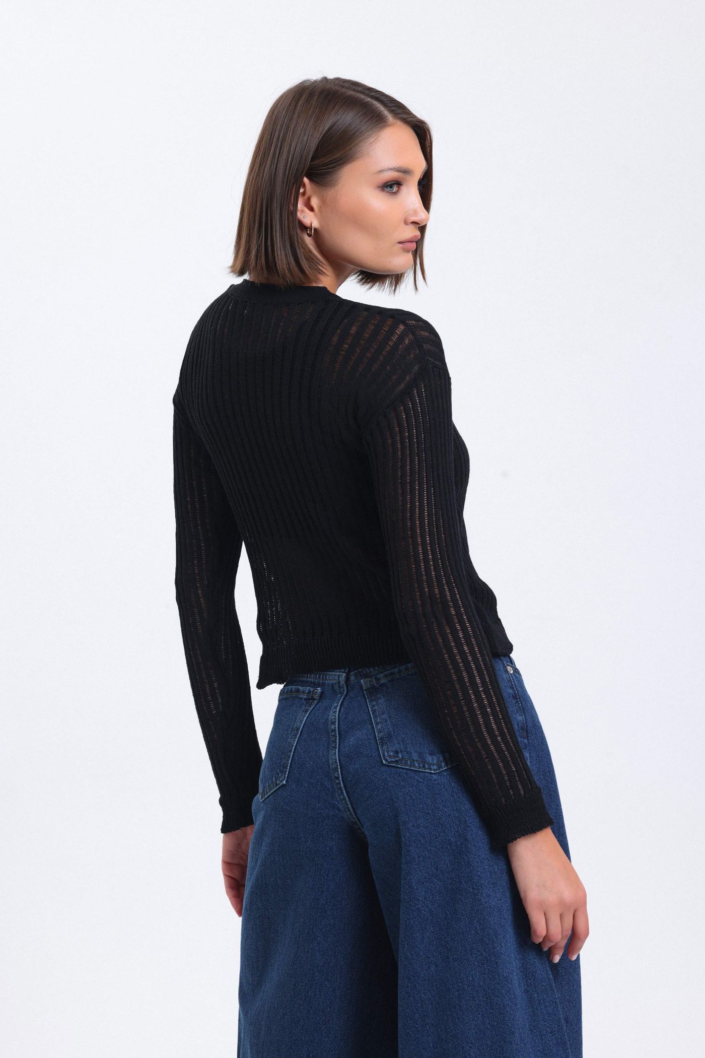 Striped Round Neck Mesh Ribbed Blouse