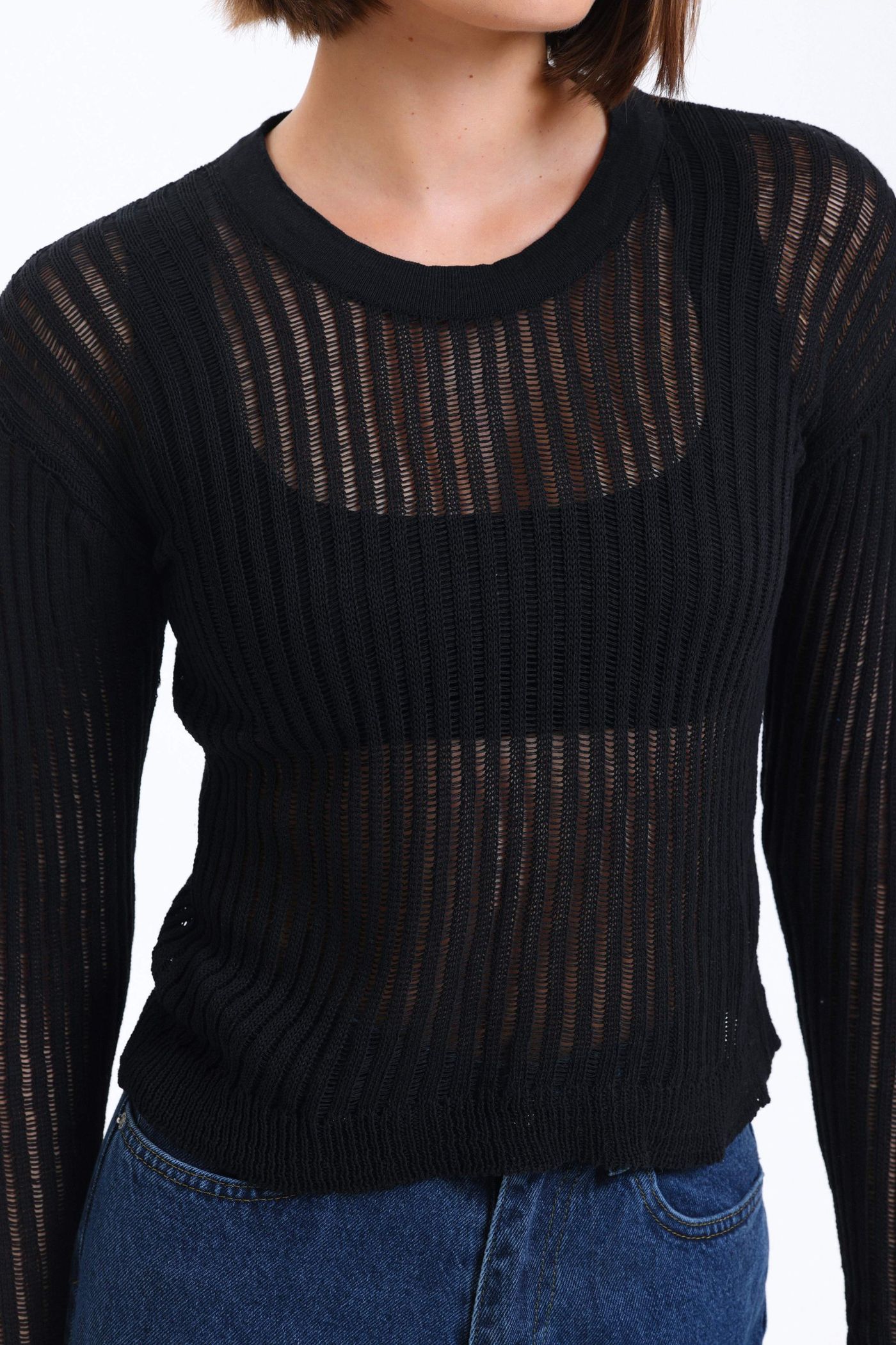 Striped Round Neck Mesh Ribbed Blouse