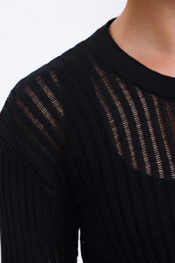 Striped Round Neck Mesh Ribbed Blouse 7