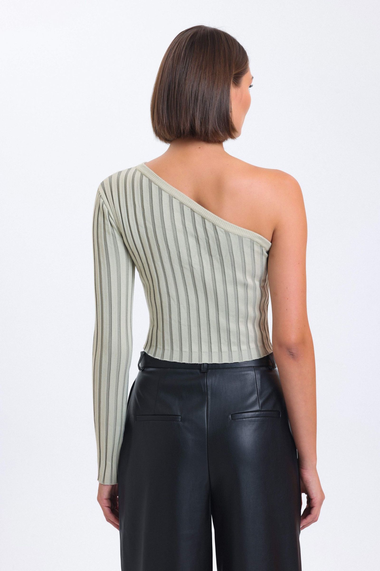 Striped One Shoulder Knitted Ribbed Cropped Blouse