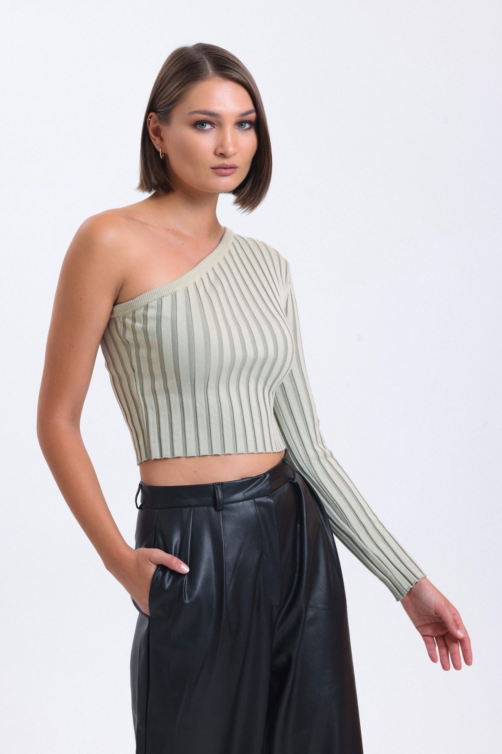 Striped One Shoulder Knitted Ribbed Cropped Blouse