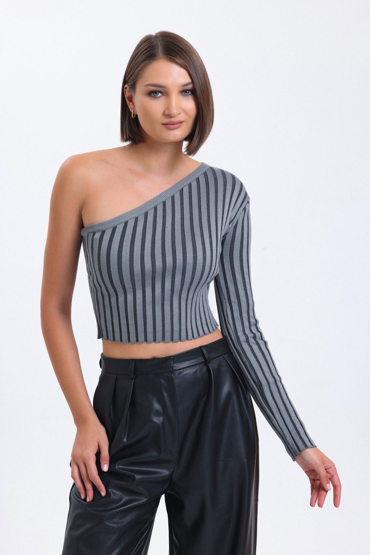 Striped One Shoulder Knitted Ribbed Cropped Blouse