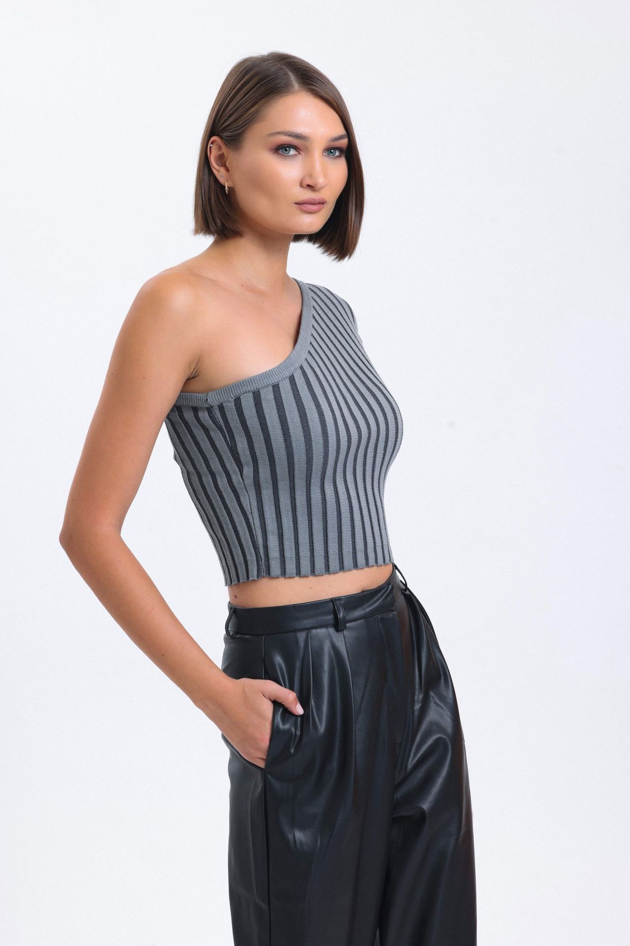 Striped One Shoulder Knitted Ribbed Cropped Blouse