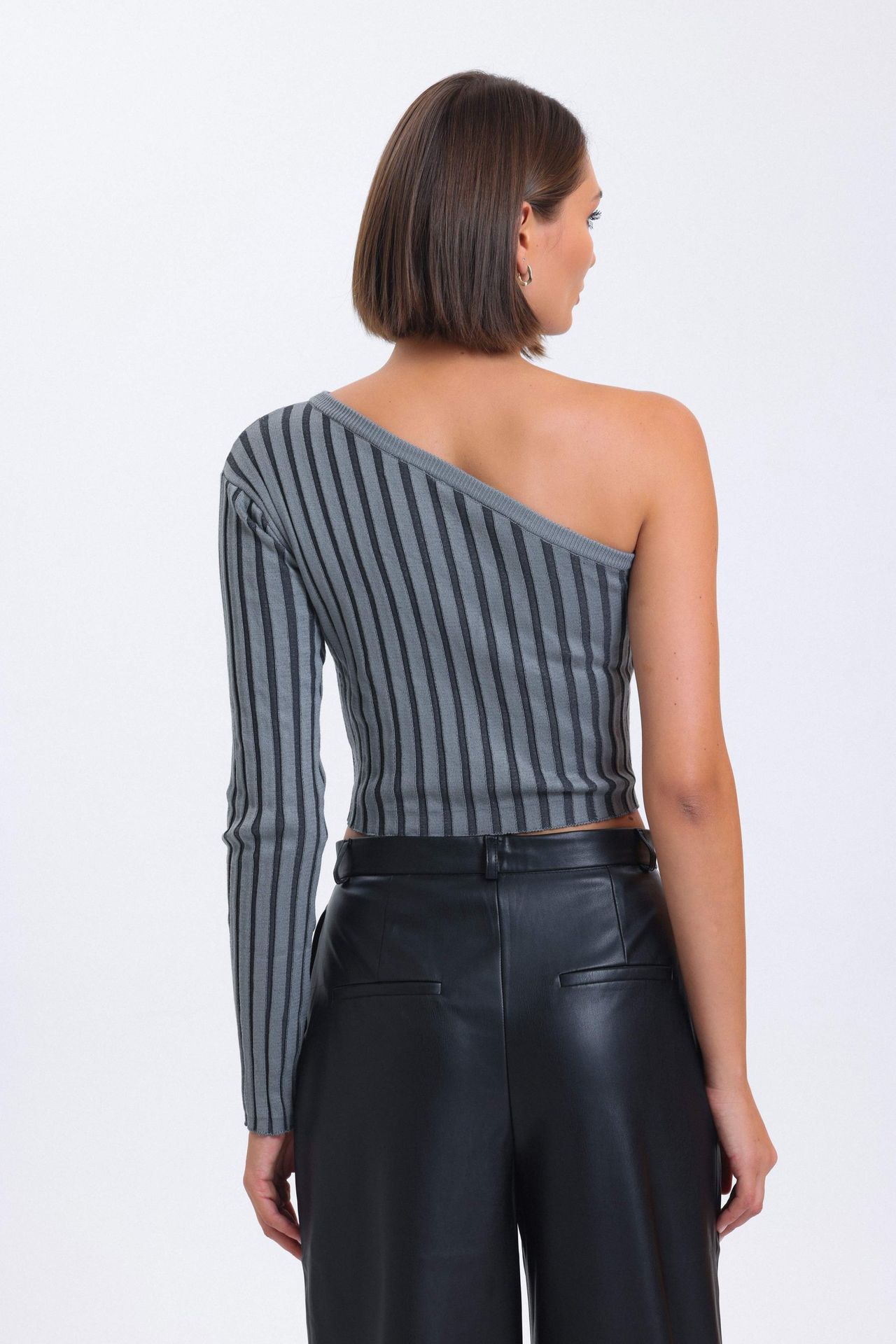 Striped One Shoulder Knitted Ribbed Cropped Blouse