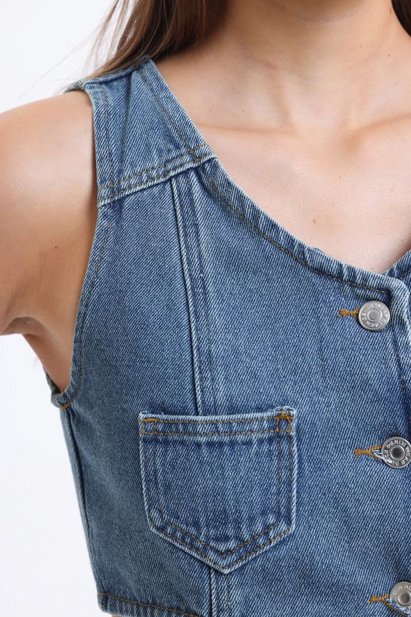 V Neck Denim Buttoned Pocket Cropped Waistcoat 3