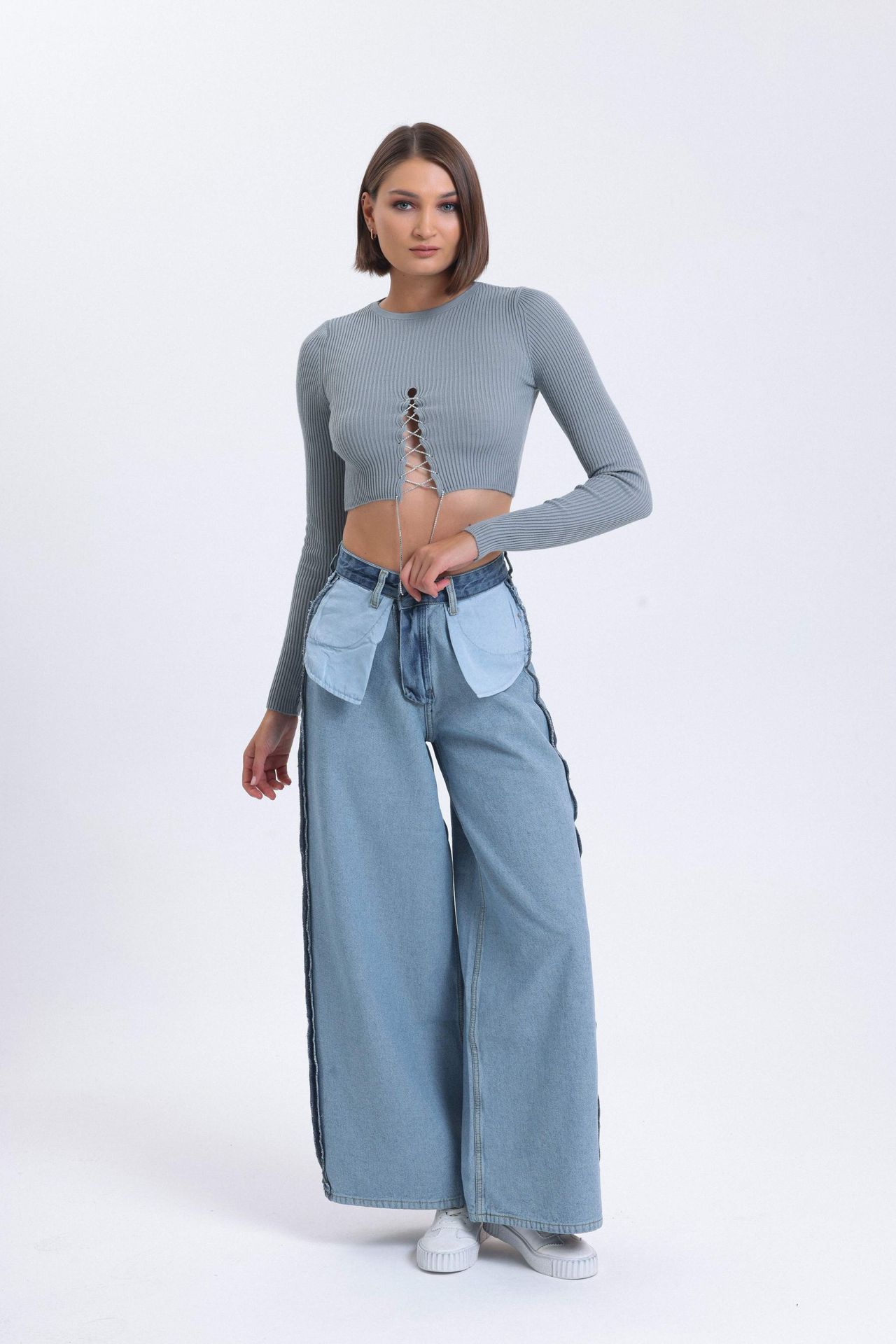 Crew Neck Knitted Lace Up Cropped Blouse