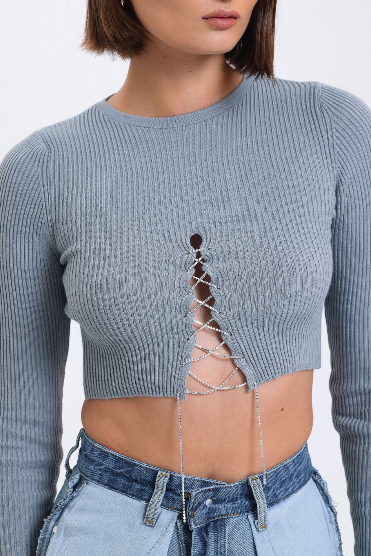 Crew Neck Knitted Lace Up Cropped Blouse