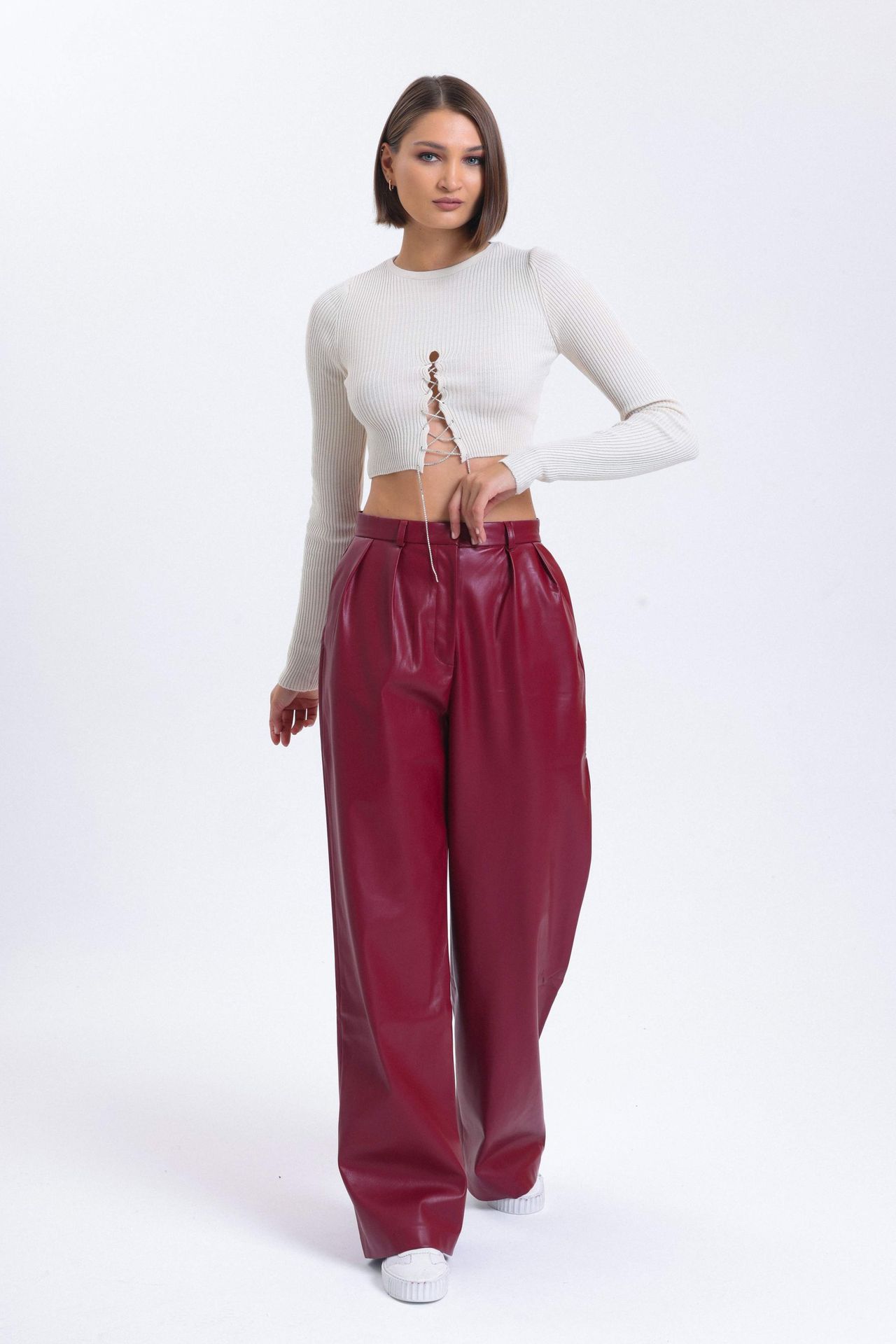 Crew Neck Knitted Lace Up Cropped Blouse