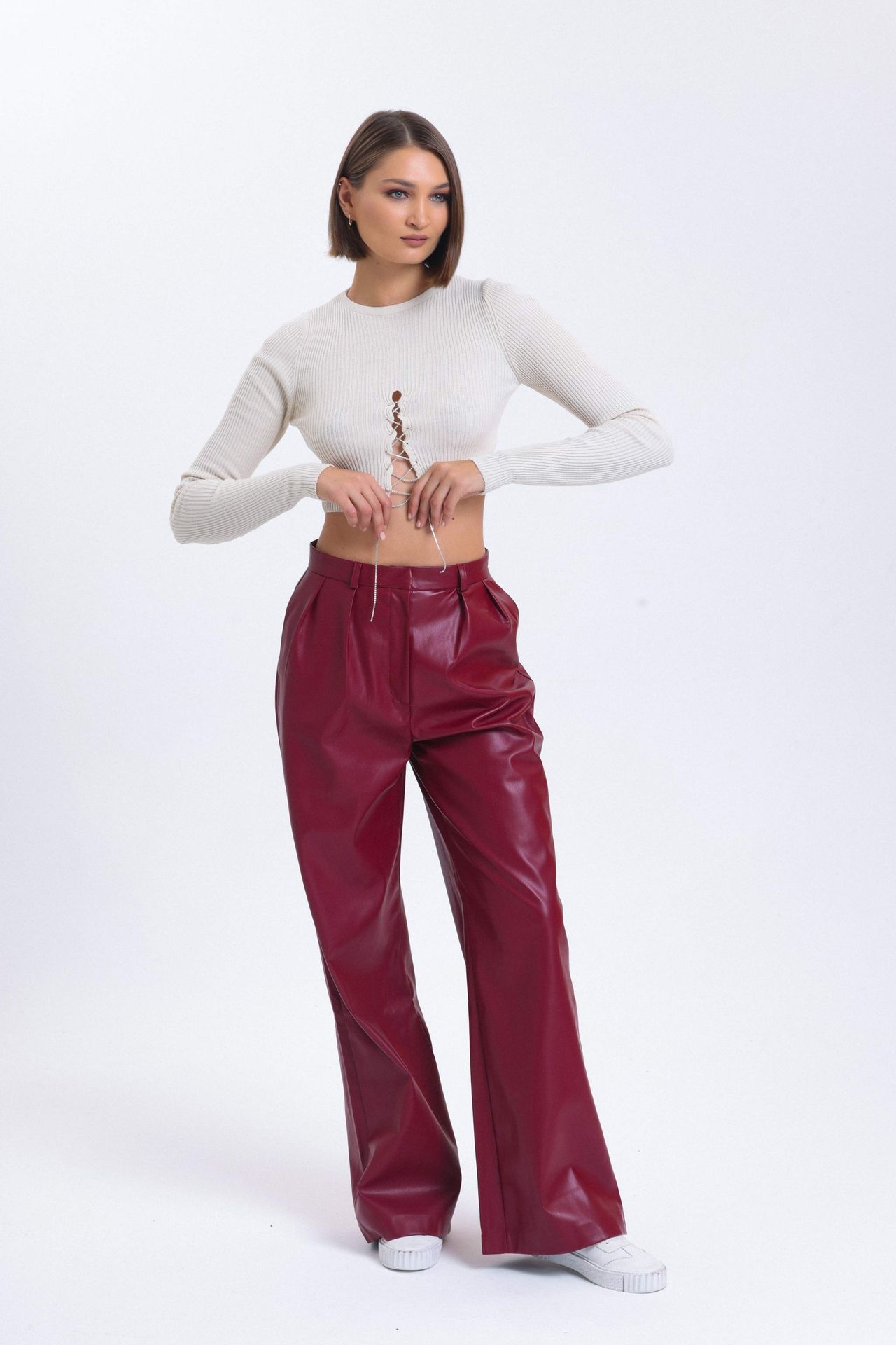 Crew Neck Knitted Lace Up Cropped Blouse