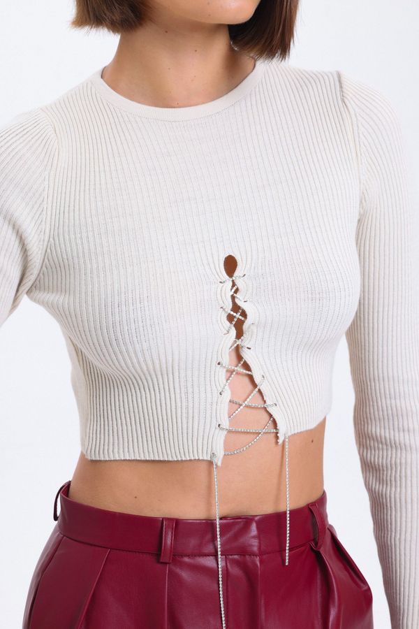 Crew Neck Knitted Lace Up Cropped Blouse 6