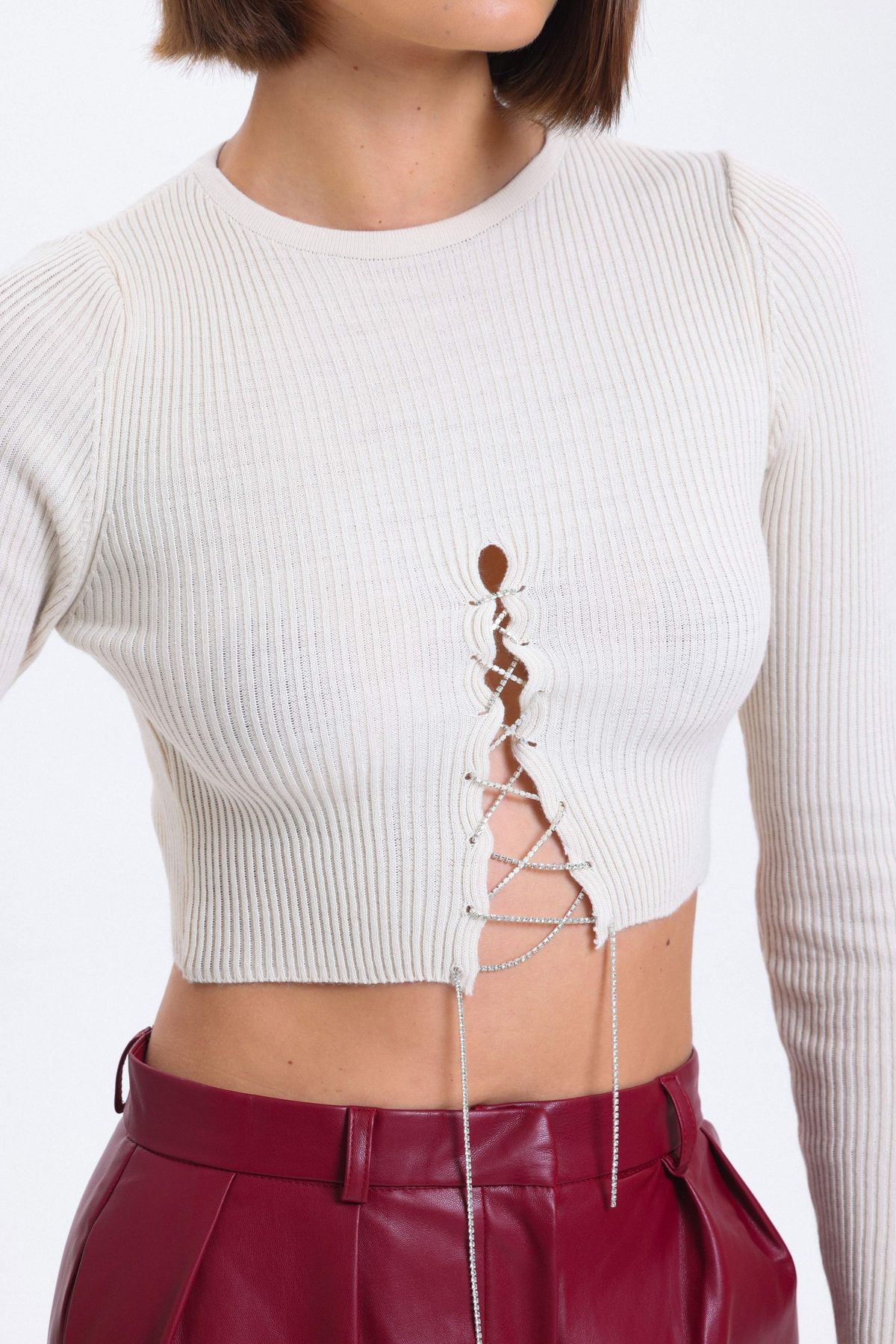 Crew Neck Knitted Lace Up Cropped Blouse