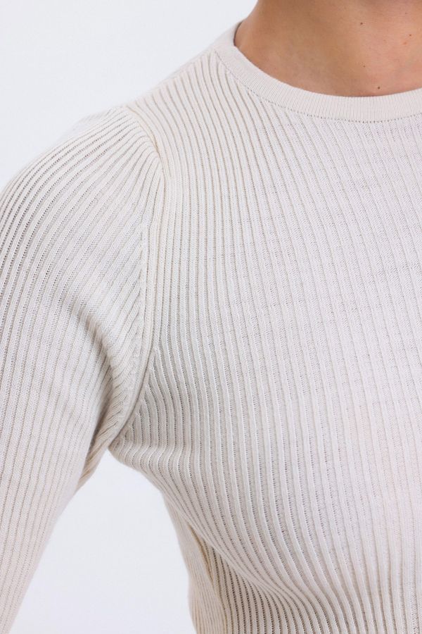 Crew Neck Knitted Lace Up Cropped Blouse 7