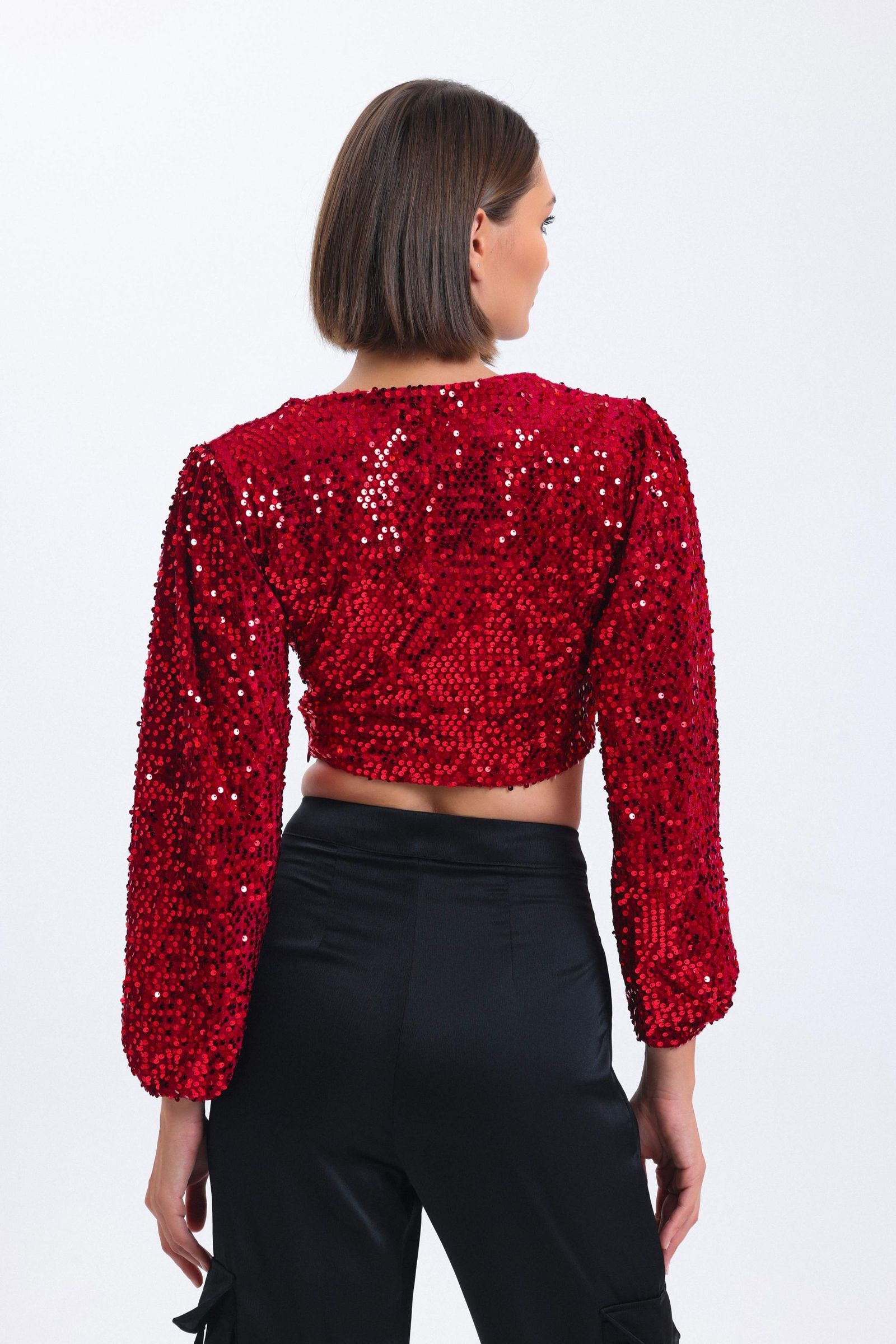 V Neck Sequin Cropped Blouse