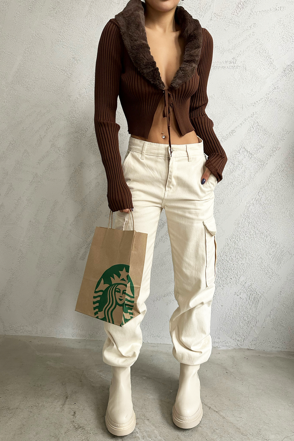 V Neck Knitted Lace Up Cropped Blouse with a Faux Fur Trim 3