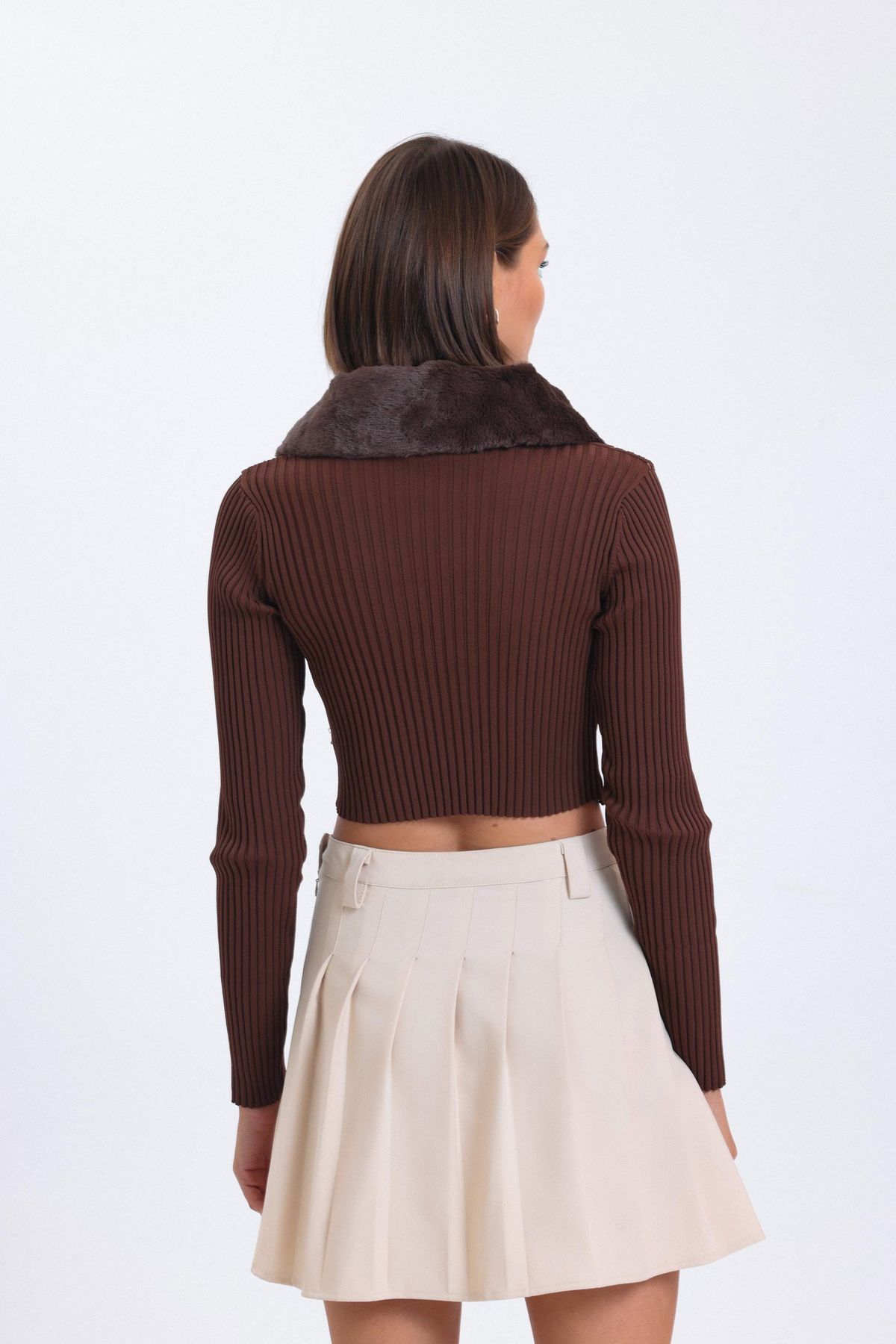 V Neck Knitted Lace Up Cropped Blouse with a Faux Fur Trim