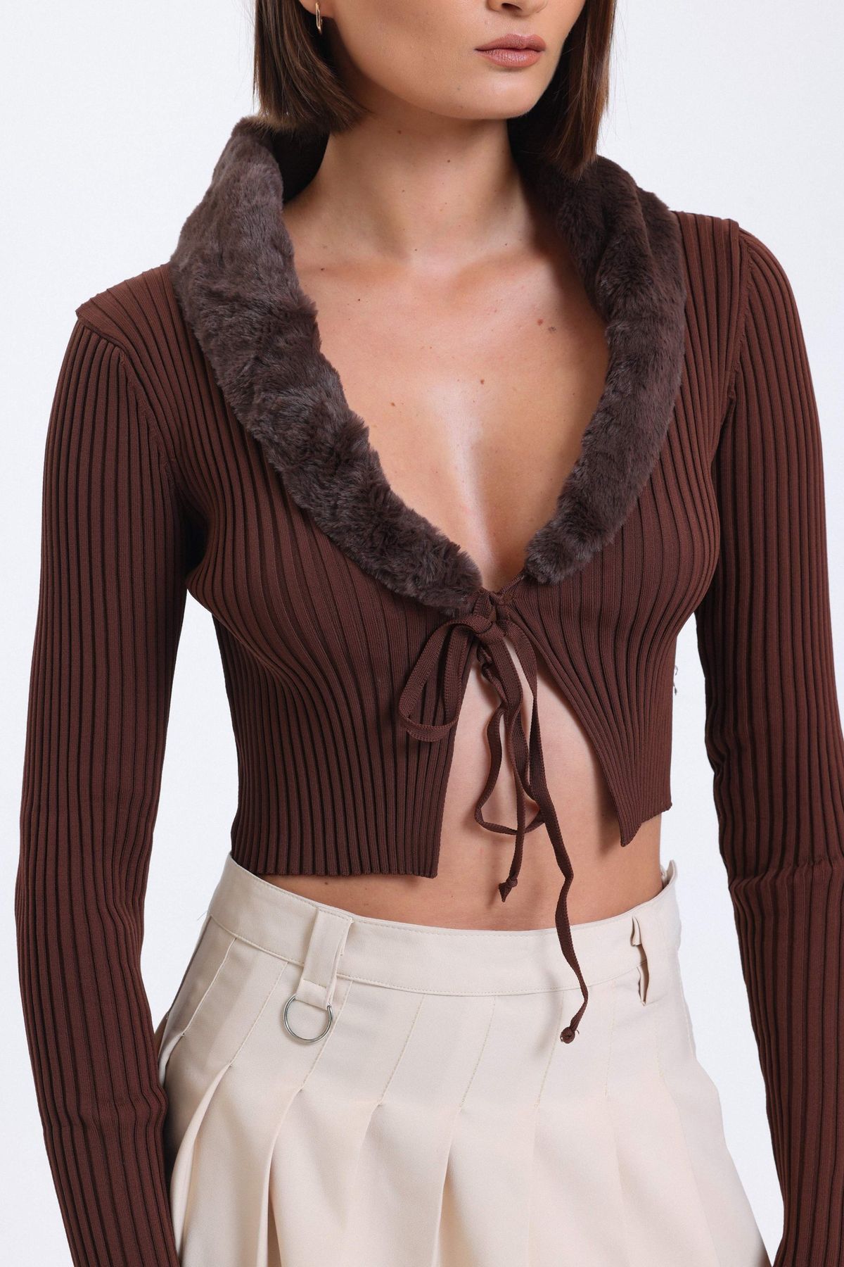 V Neck Knitted Lace Up Cropped Blouse with a Faux Fur Trim