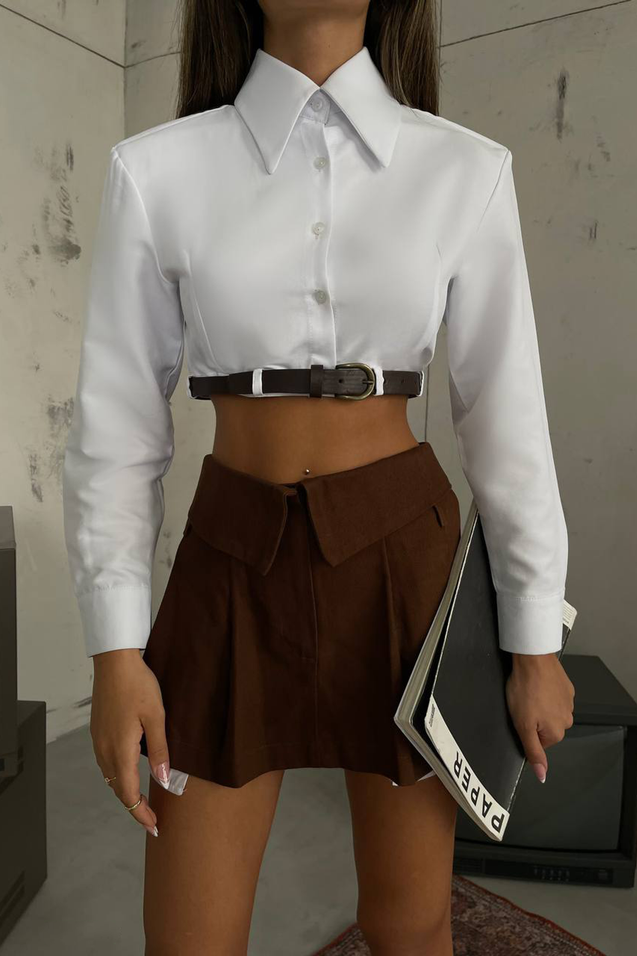 Padded Shoulder Cropped Shirt with a Belt