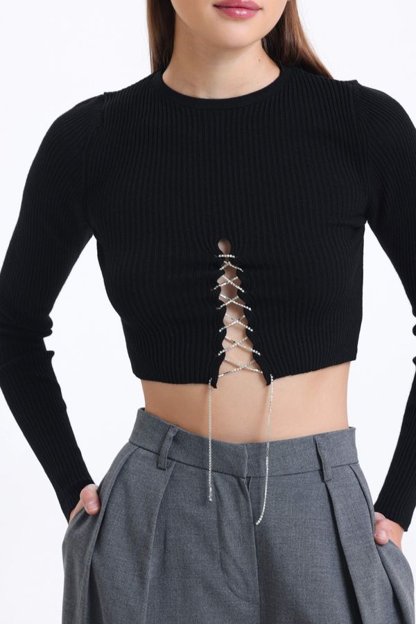 Crew Neck Knitted Lace Up Cropped Blouse 5