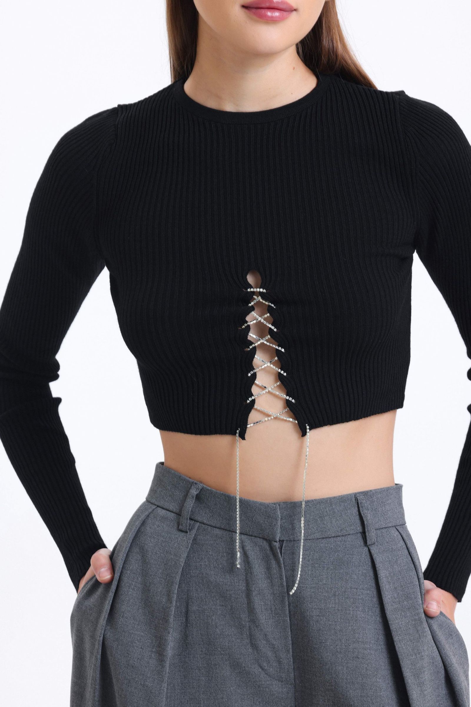 Crew Neck Knitted Lace Up Cropped Blouse