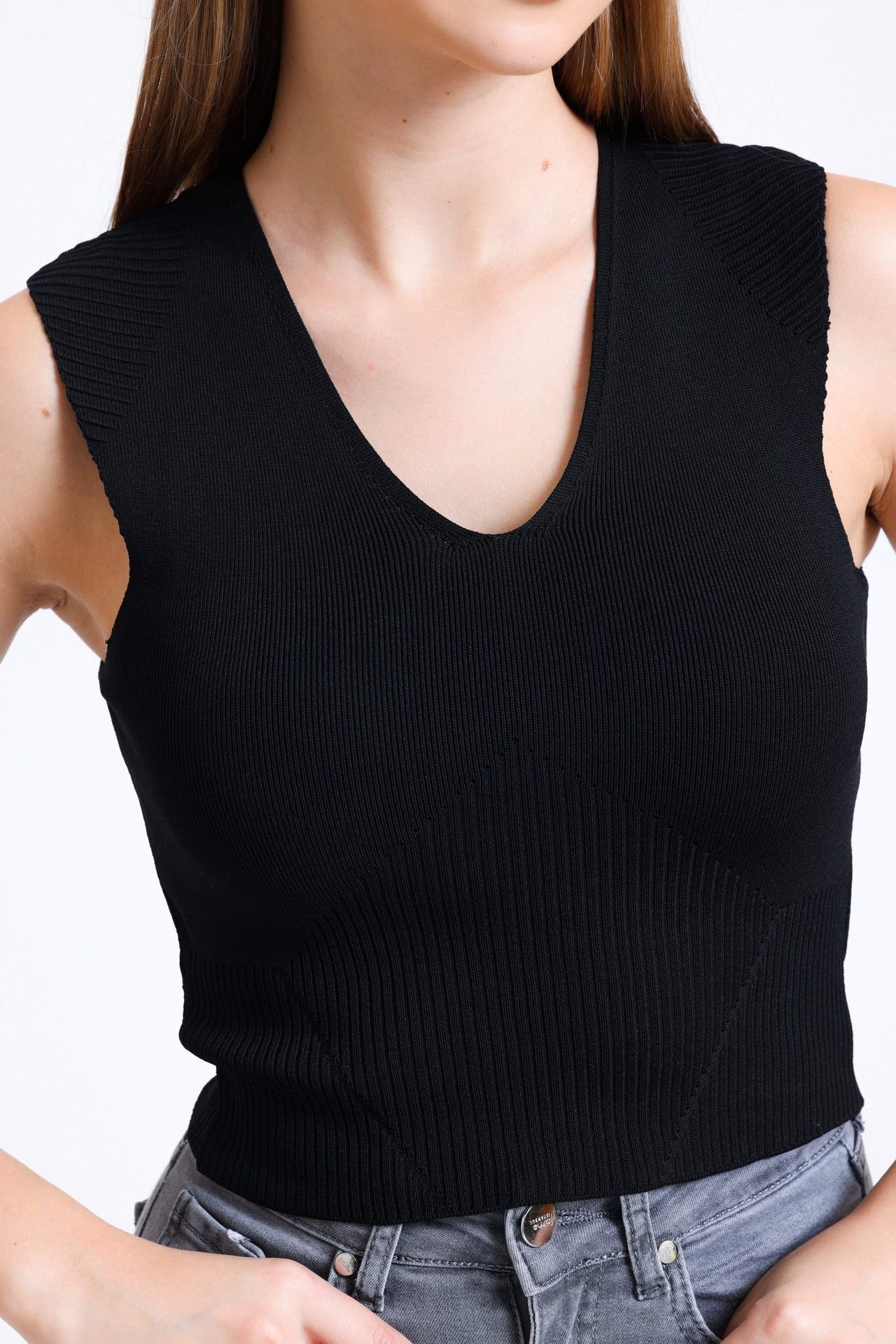 V Neck Knitted Basic Crop Top