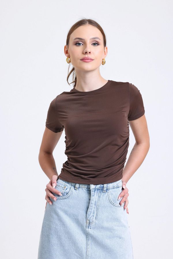 Round Neck Slinky Fabric Shoulder To Waist Gathered Top 2