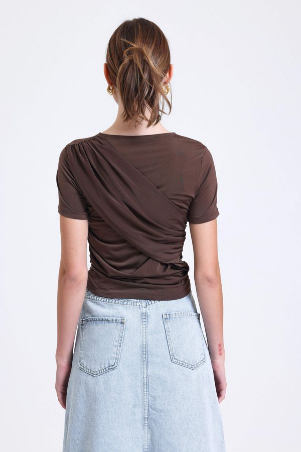 Round Neck Slinky Fabric Shoulder To Waist Gathered Top 3