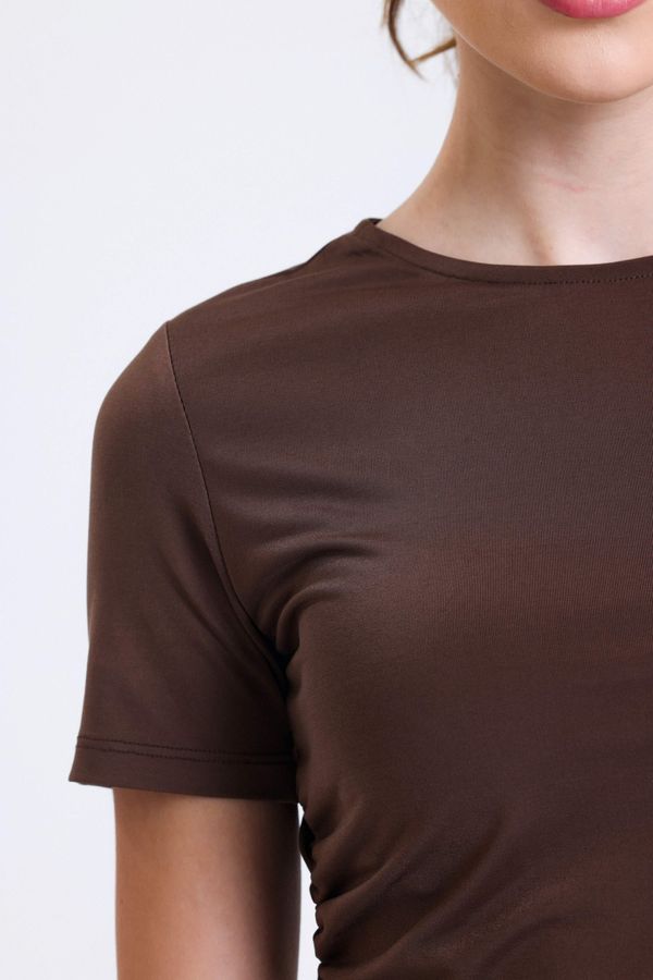 Round Neck Slinky Fabric Shoulder To Waist Gathered Top 4