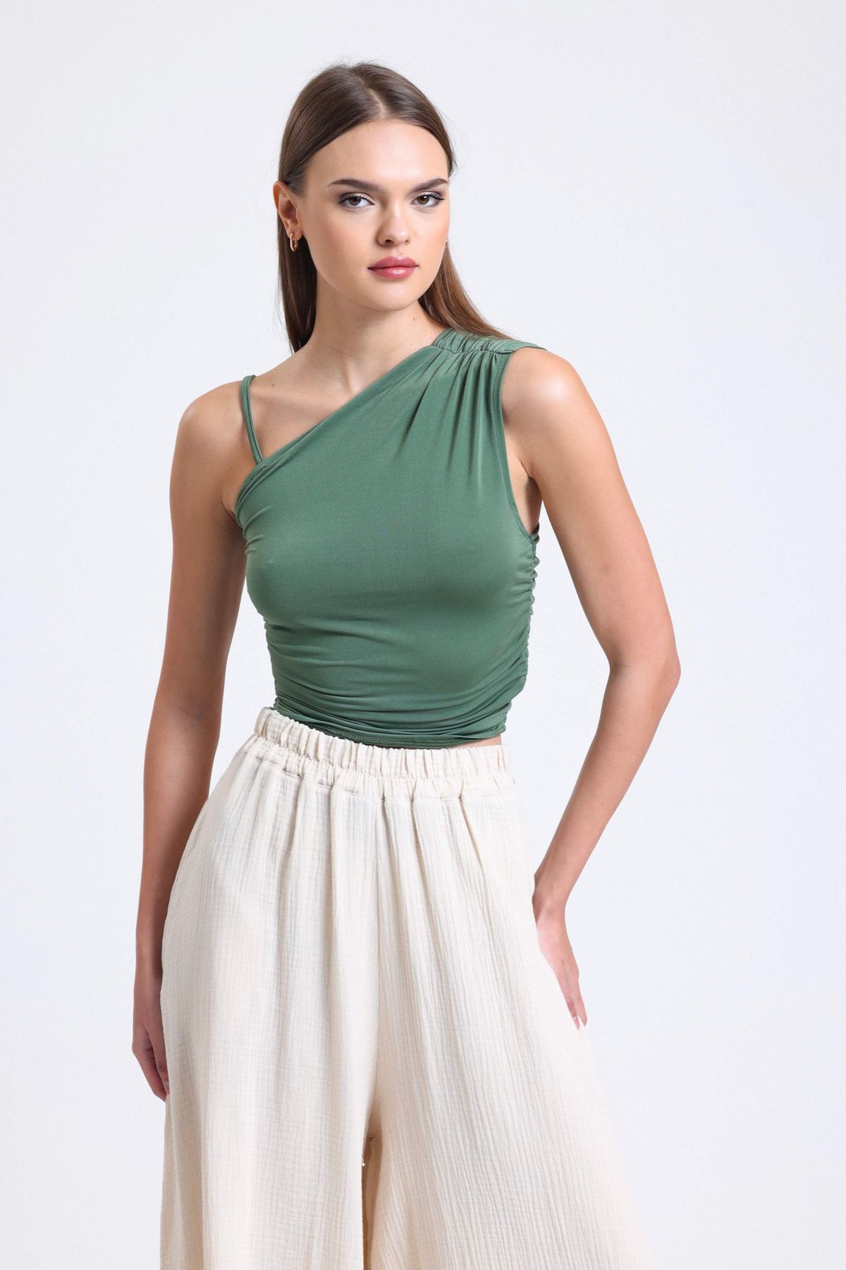 One Shoulder Jersey Strappy Crop Top with a Ruched Detail