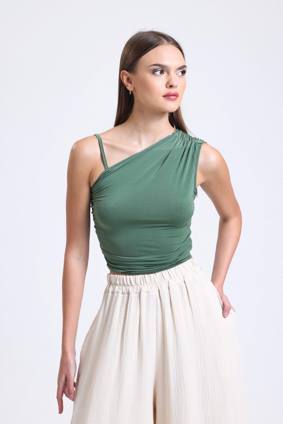 One Shoulder Jersey Strappy Crop Top with a Ruched Detail