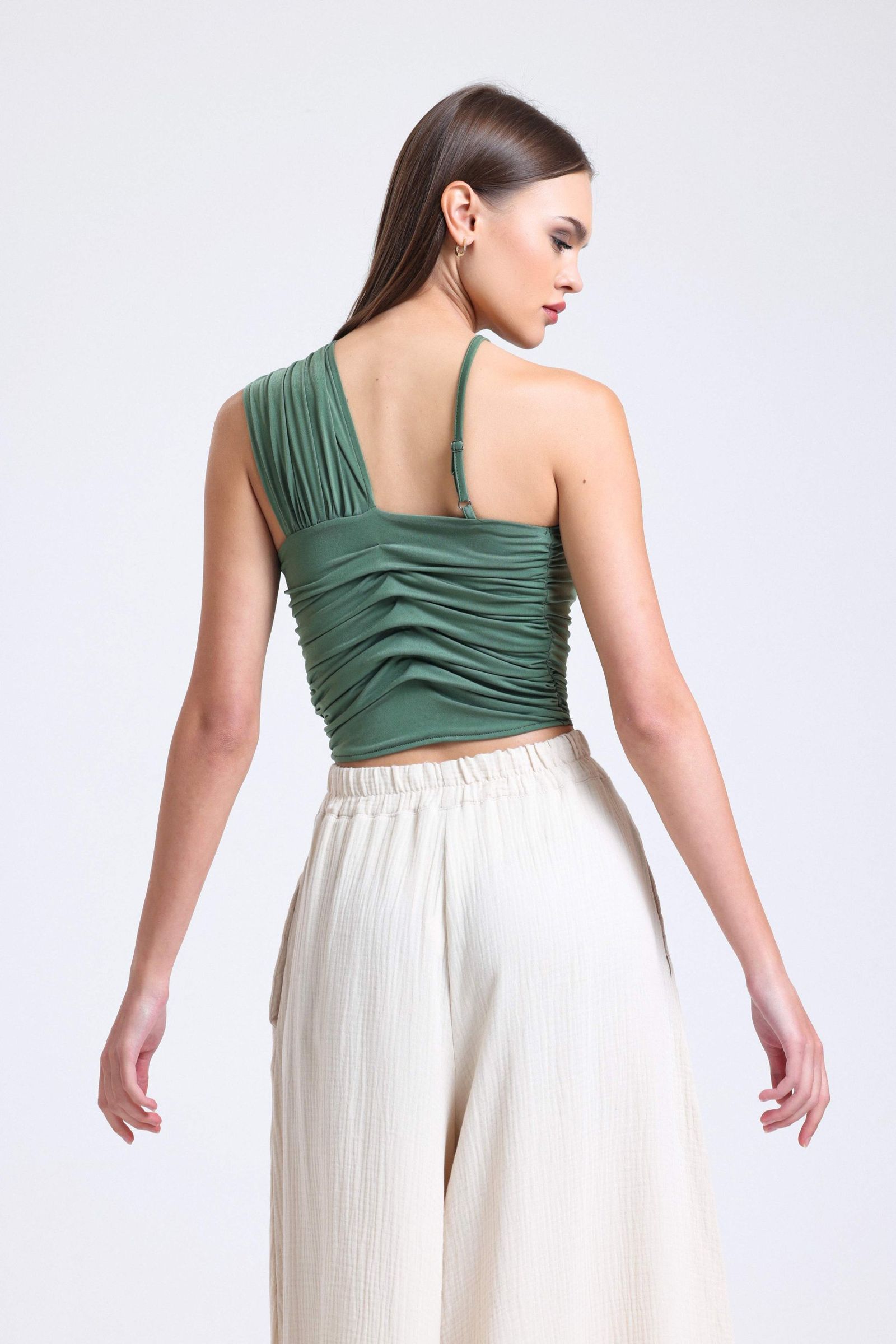 One Shoulder Jersey Strappy Crop Top with a Ruched Detail