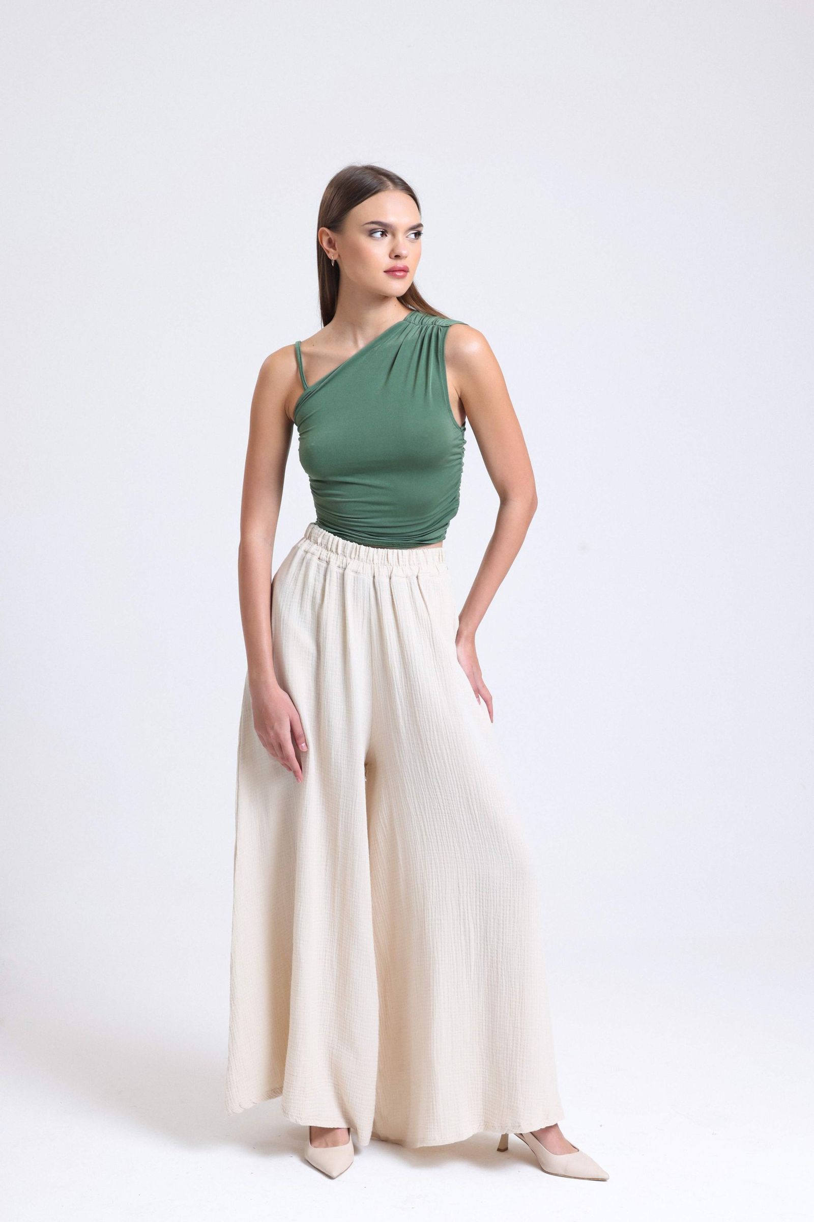 One Shoulder Jersey Strappy Crop Top with a Ruched Detail