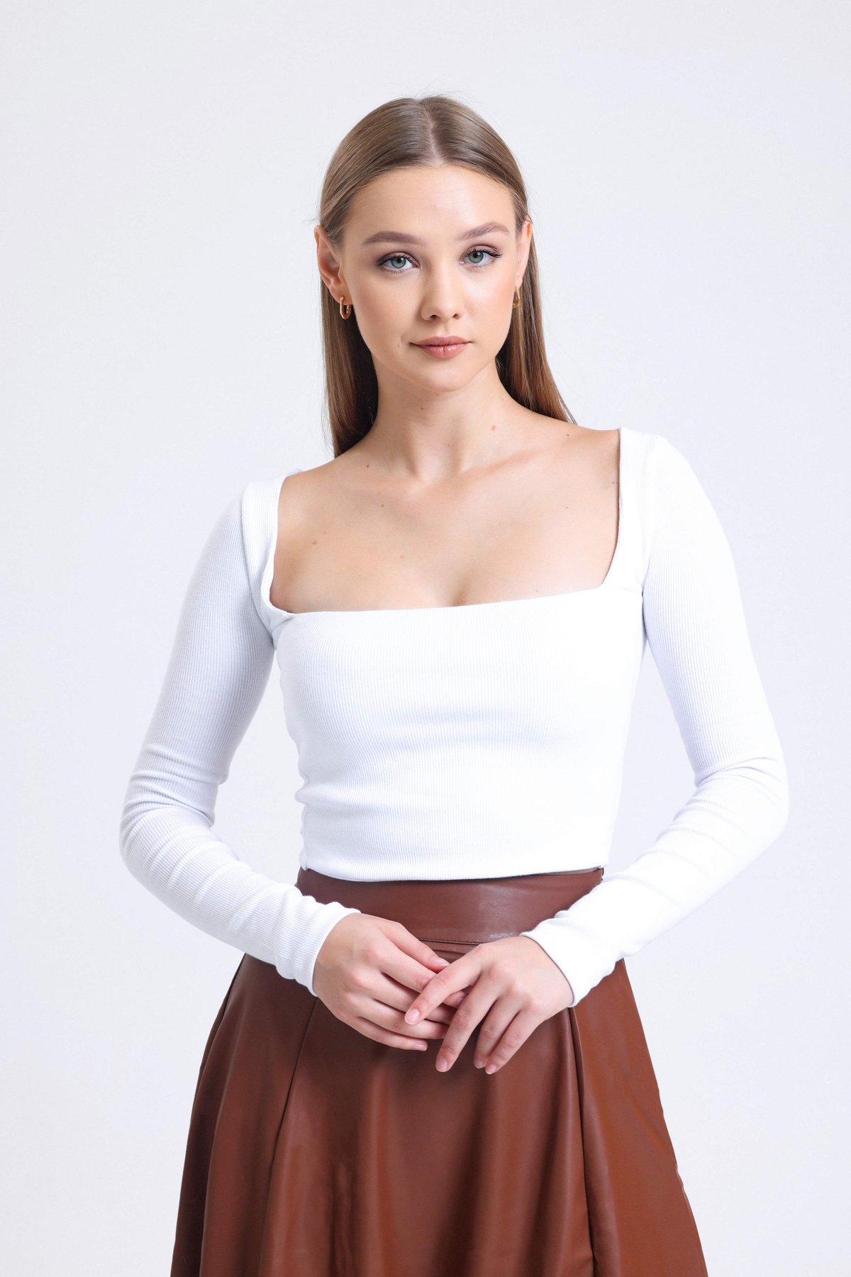 Square Neck Ribbed Long Sleeve Basic Top