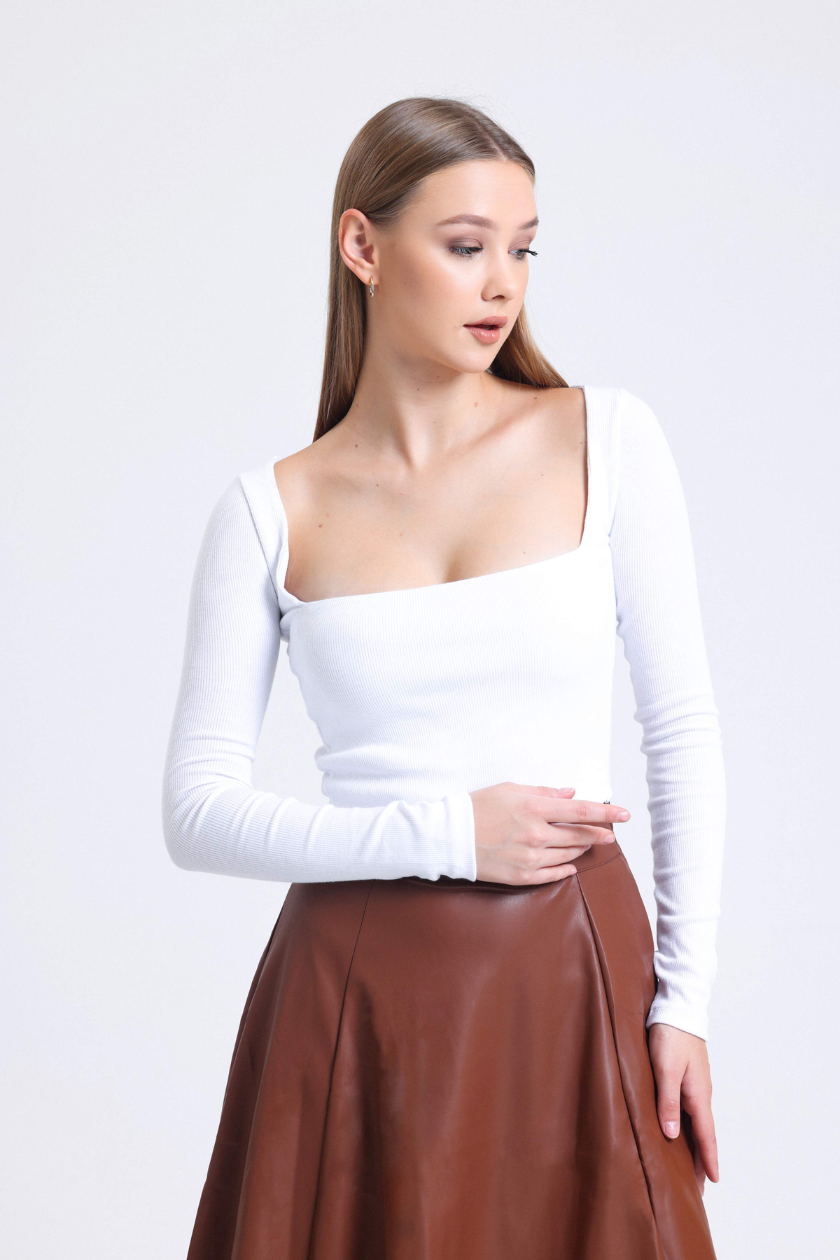 Square Neck Ribbed Long Sleeve Basic Top