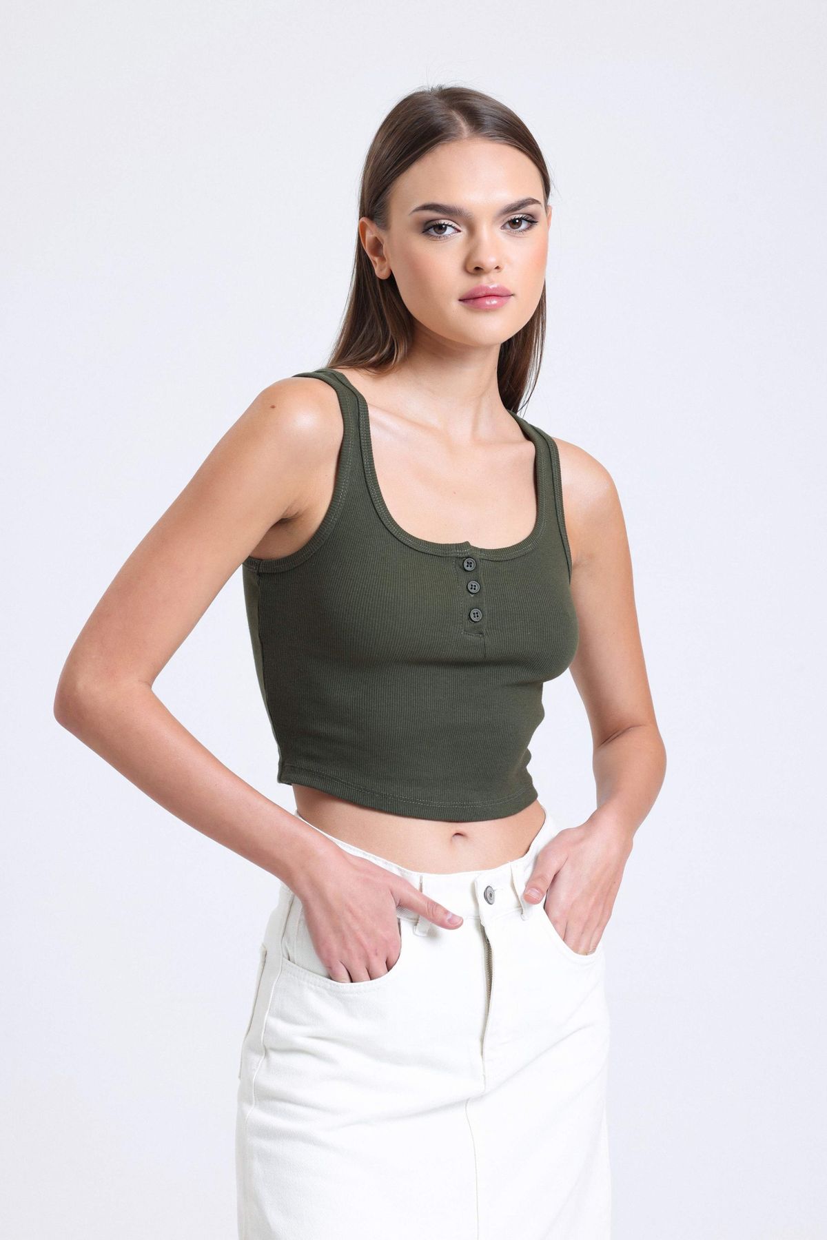 Square Neck Ribbed Buttoned Tank Top