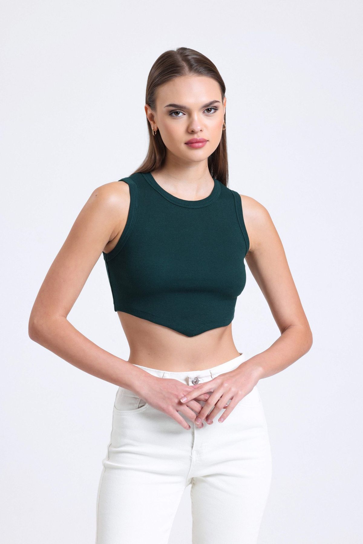 Crew Neck Crop Top with a V-Shaped Front