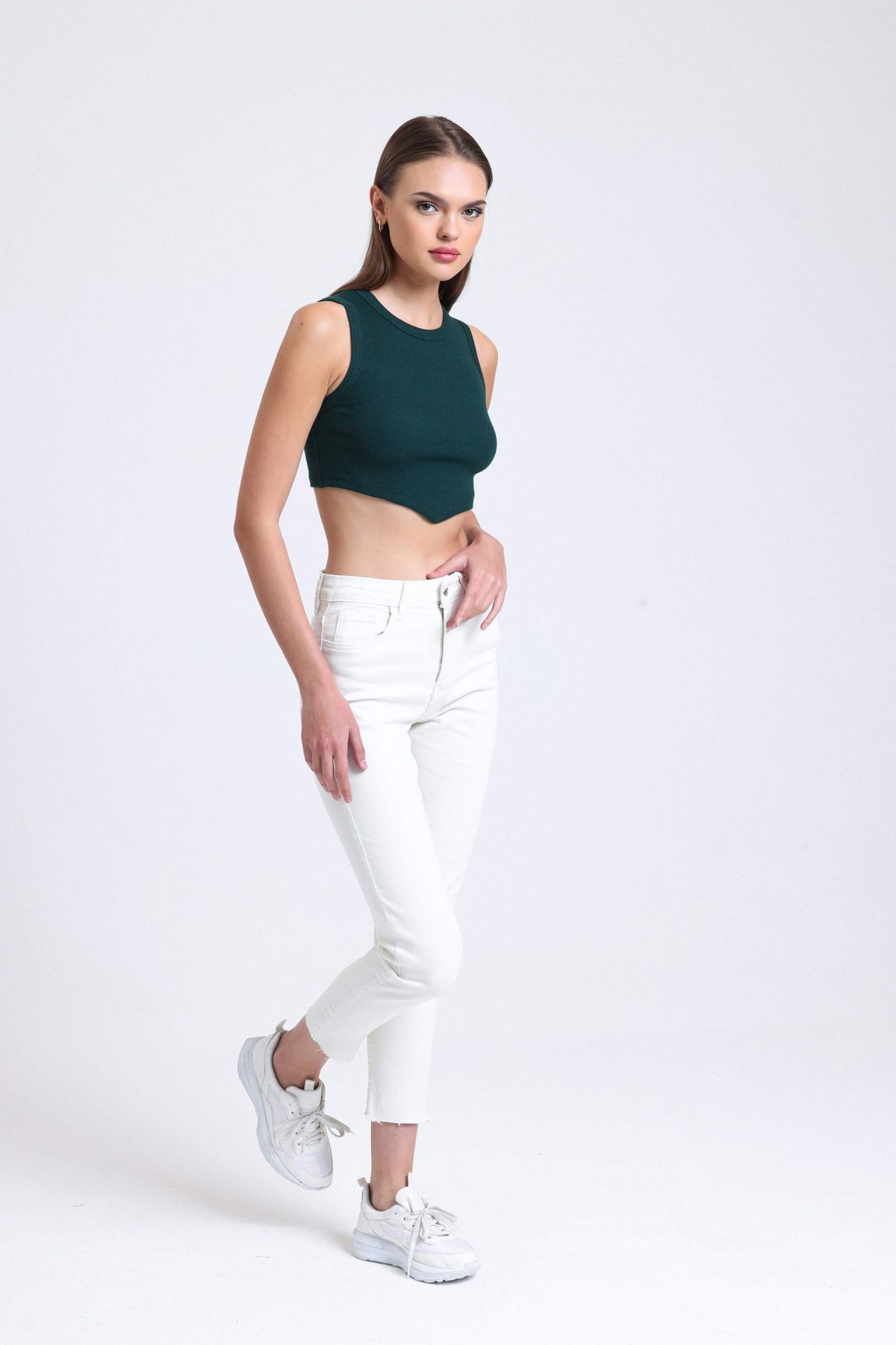 Crew Neck Crop Top with a V-Shaped Front