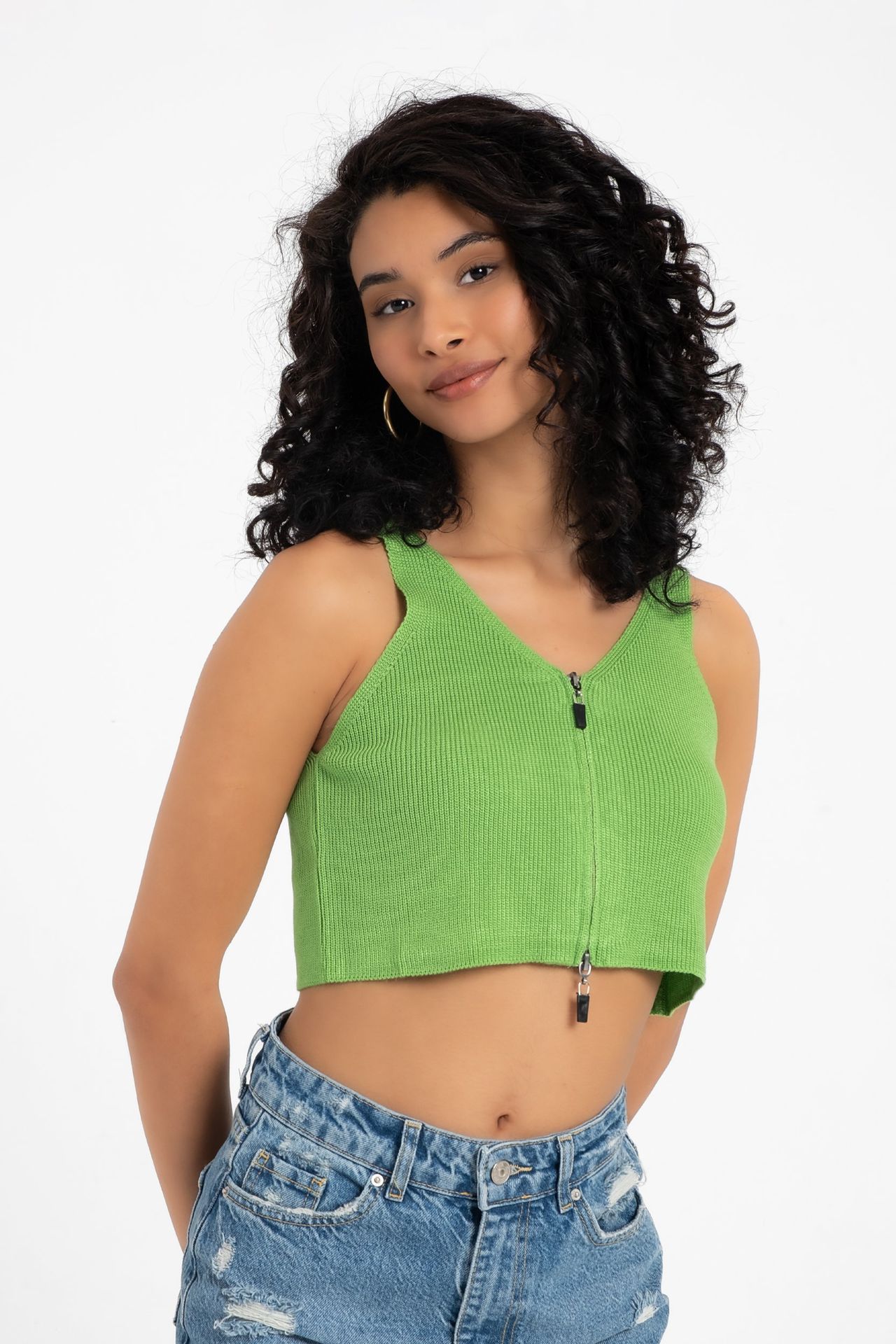 V Neck Knitted Ribbed Zippered Crop Top