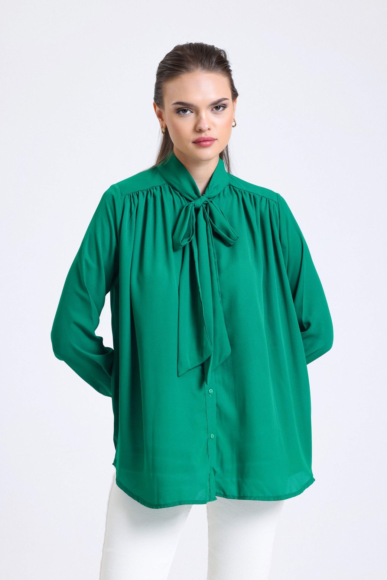 Bow Collar Chiffon Ruched Shirt