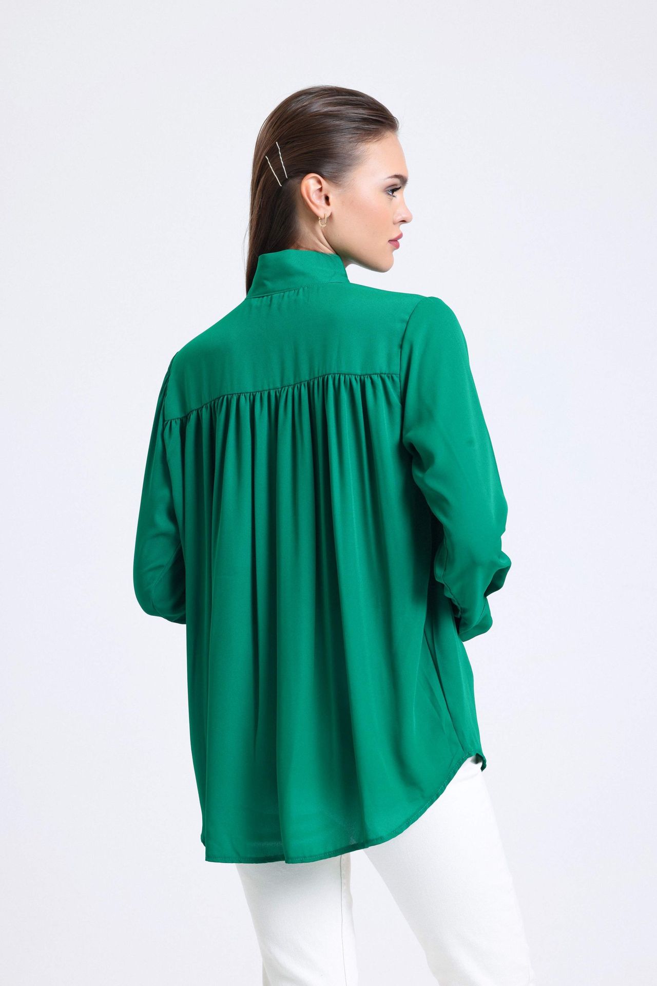 Bow Collar Chiffon Ruched Shirt