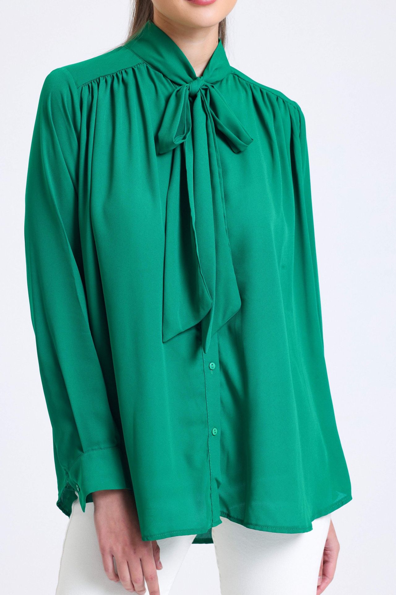 Bow Collar Chiffon Ruched Shirt