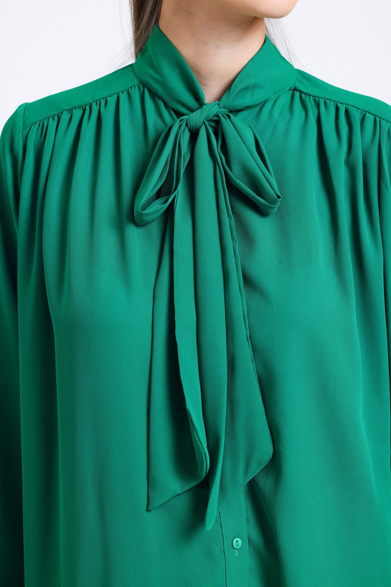 Bow Collar Chiffon Ruched Shirt