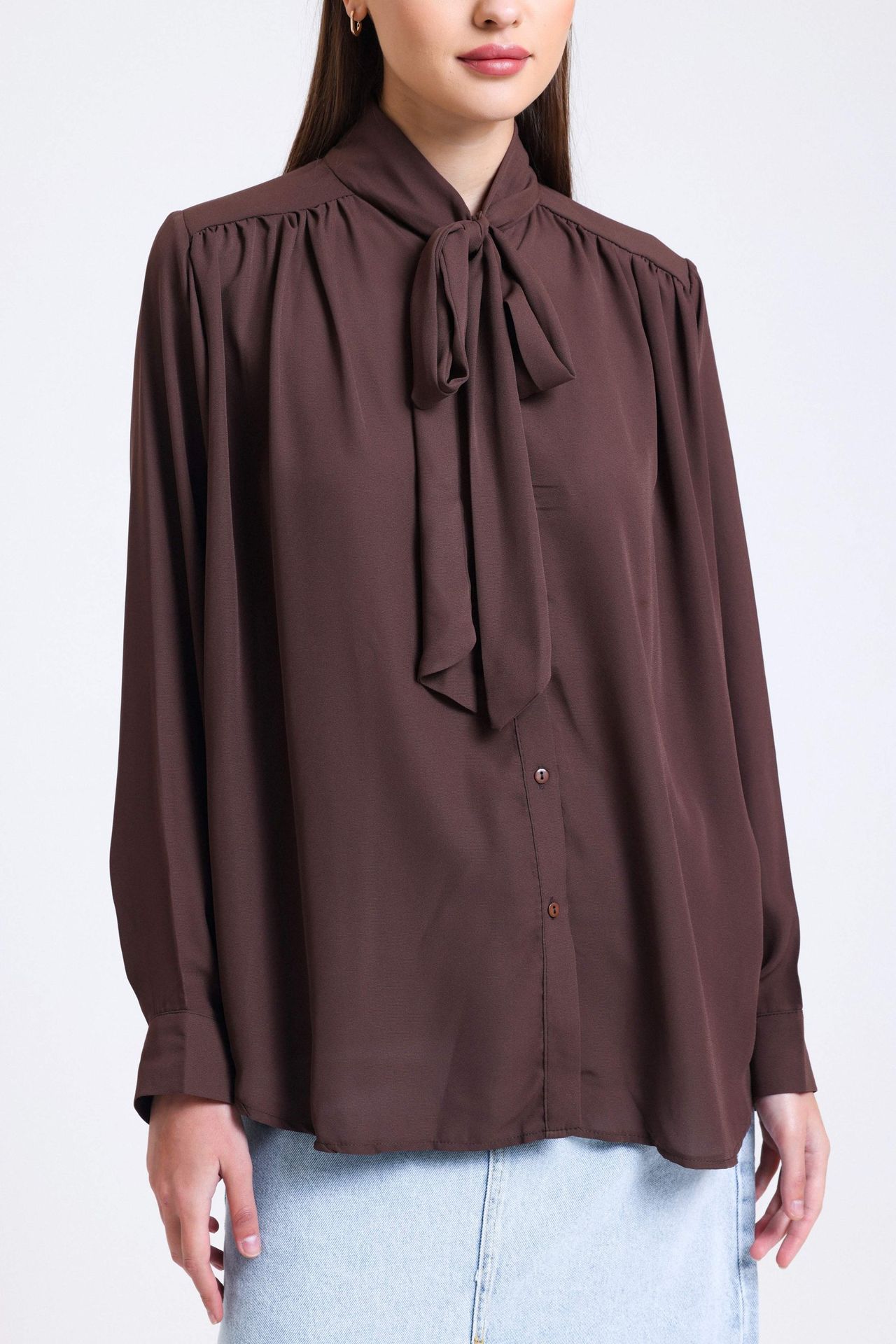 Bow Collar Chiffon Ruched Shirt