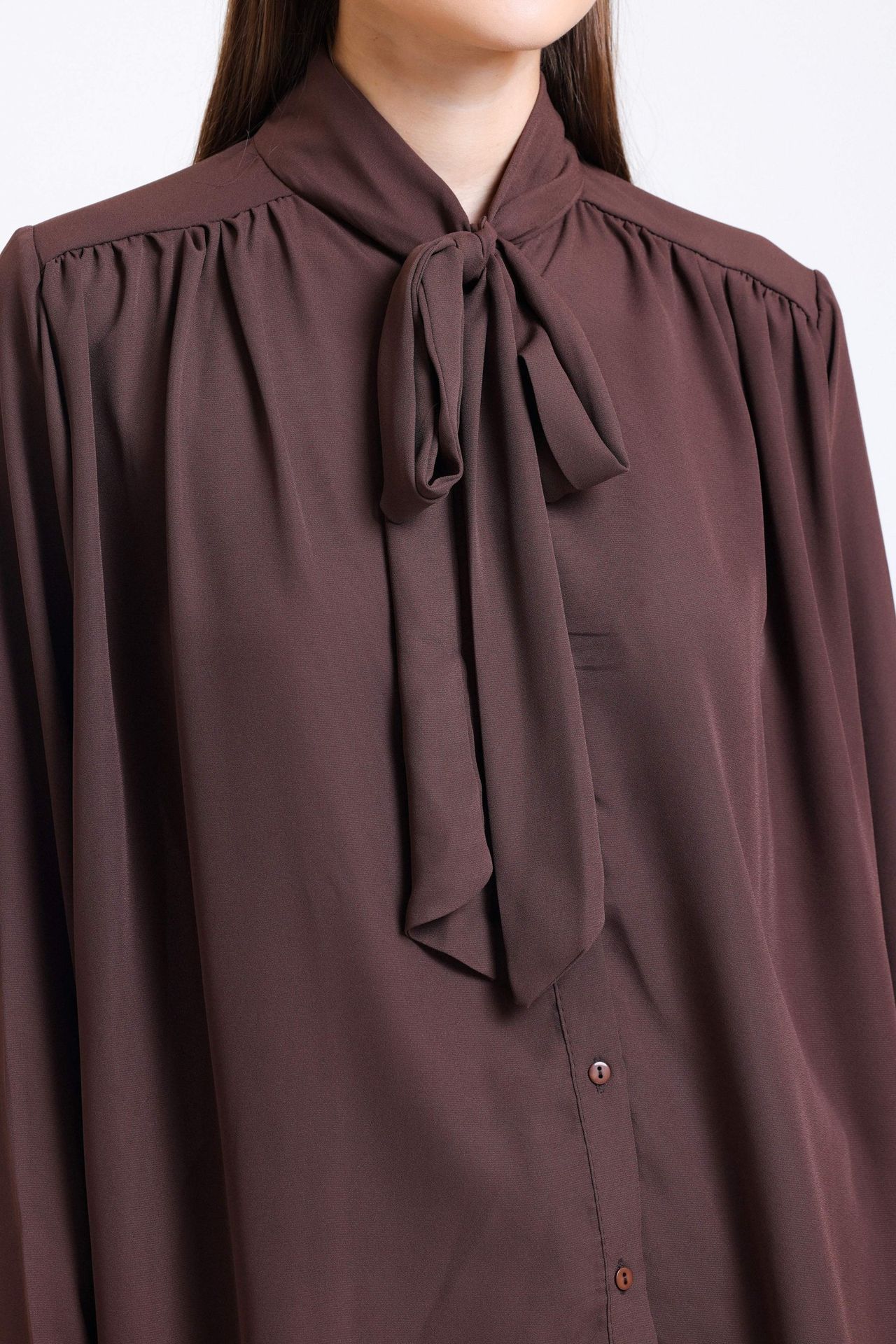 Bow Collar Chiffon Ruched Shirt